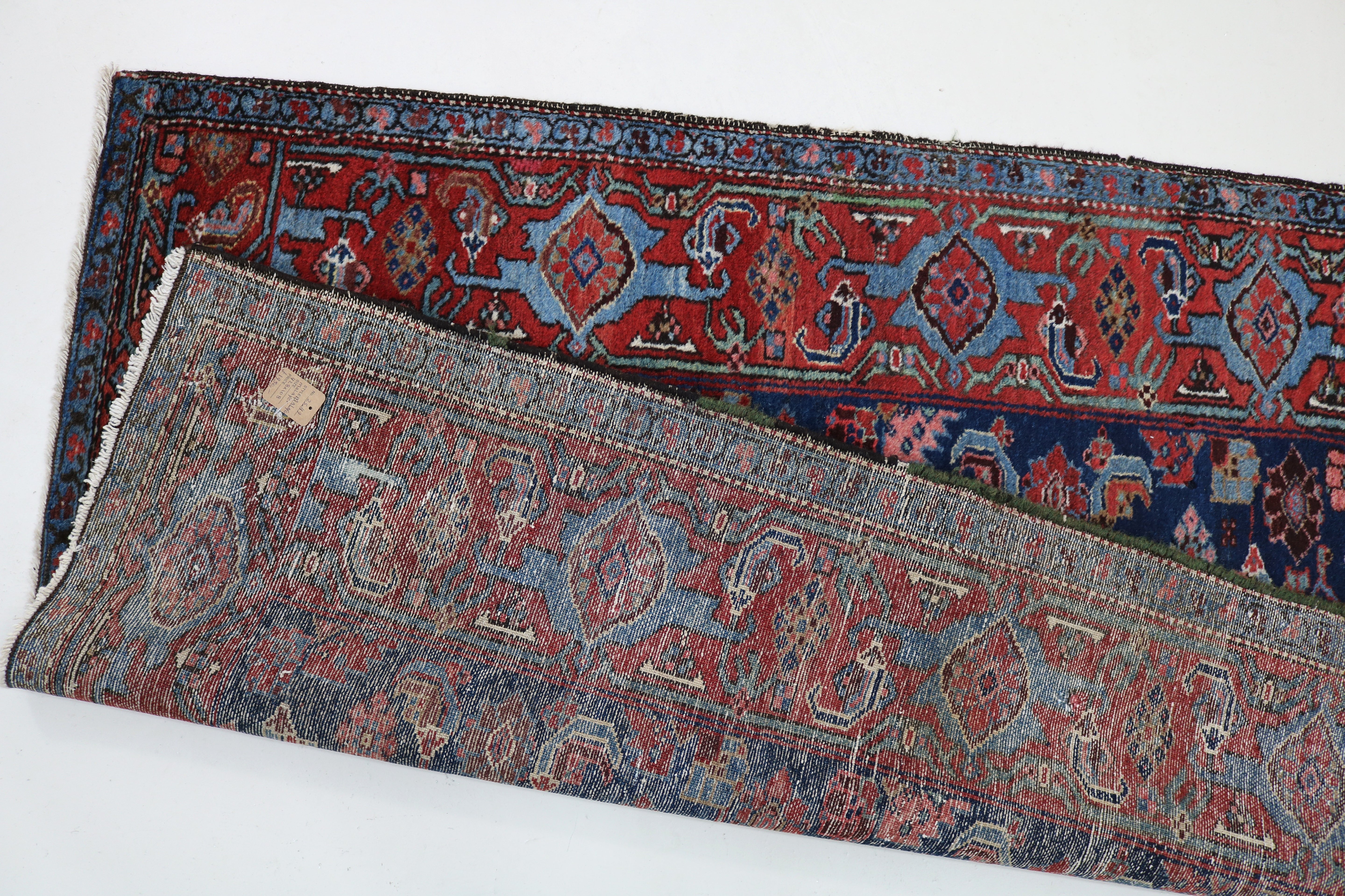 backside image of Antique Persian Malayer runner with finely drawn Herati design, 428 × 108 cm