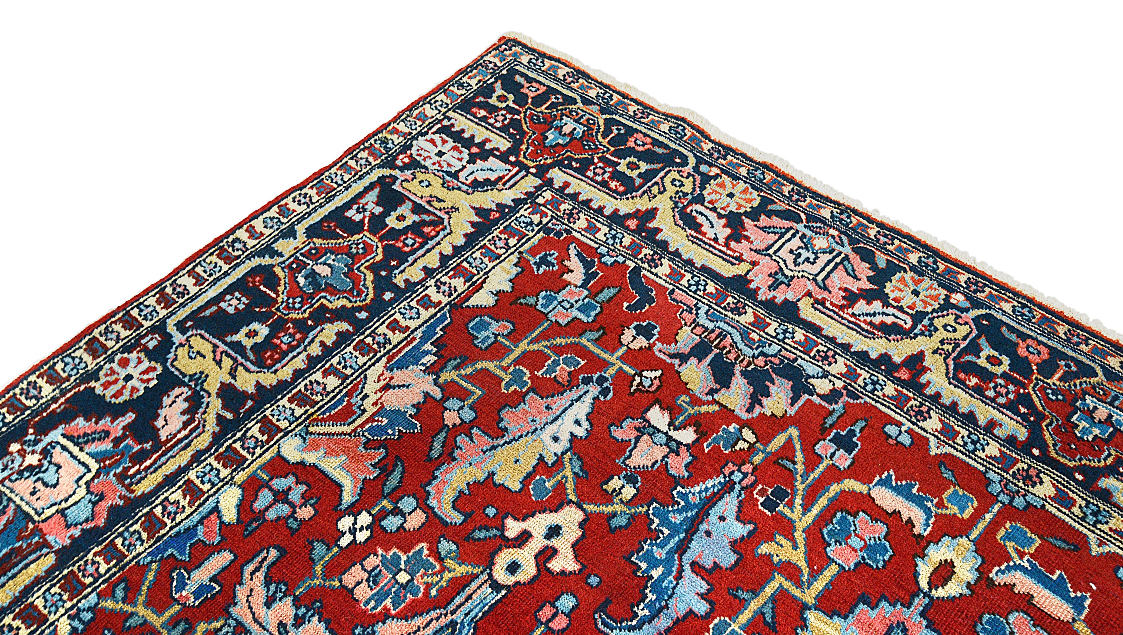 Close-up details of antique Persian Heriz carpet showing wool texture, motifs, and natural patina