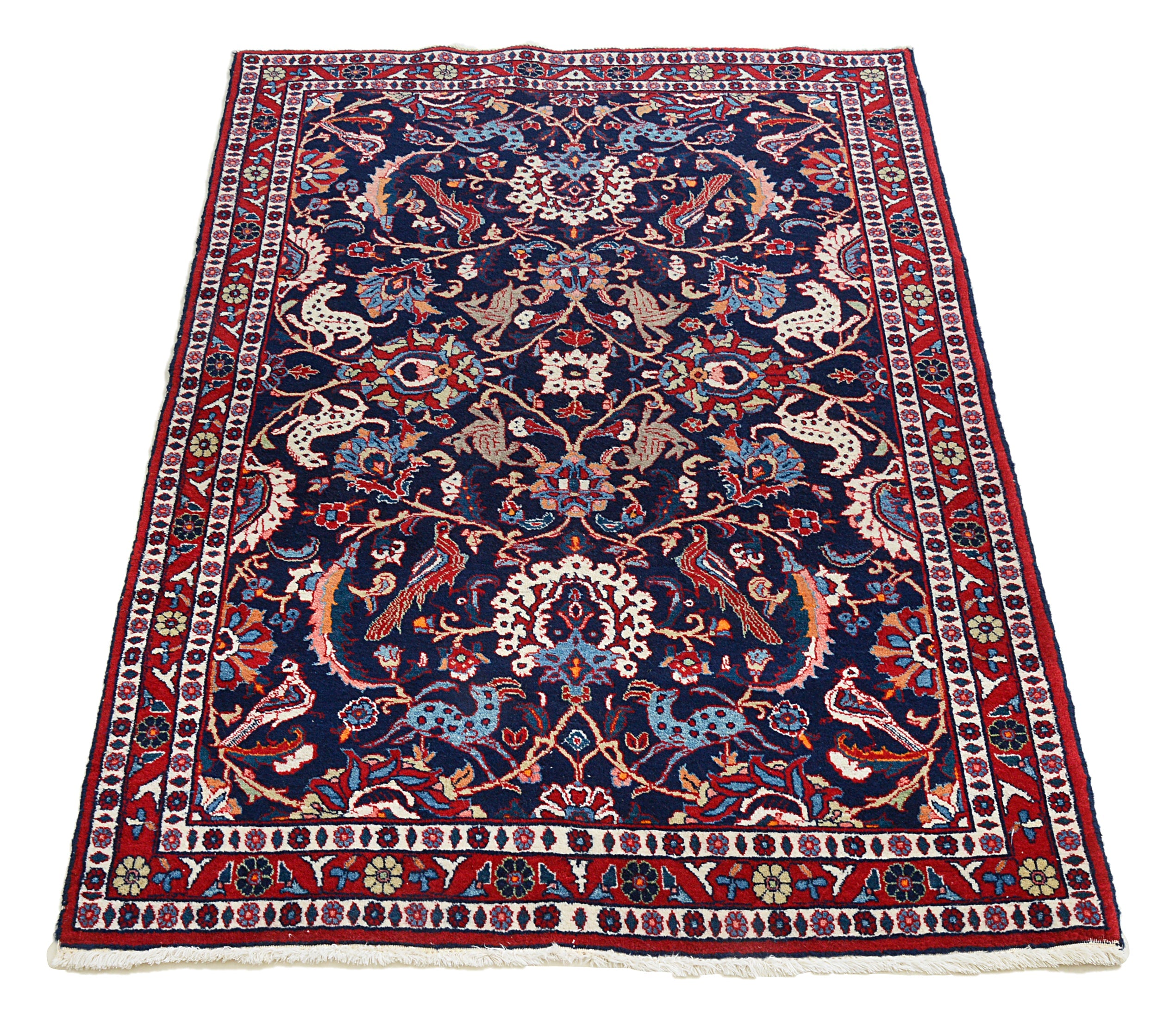 Full view of vintage Persian Mashhad rug 153x103 cm handwoven in Iran, circa 1940