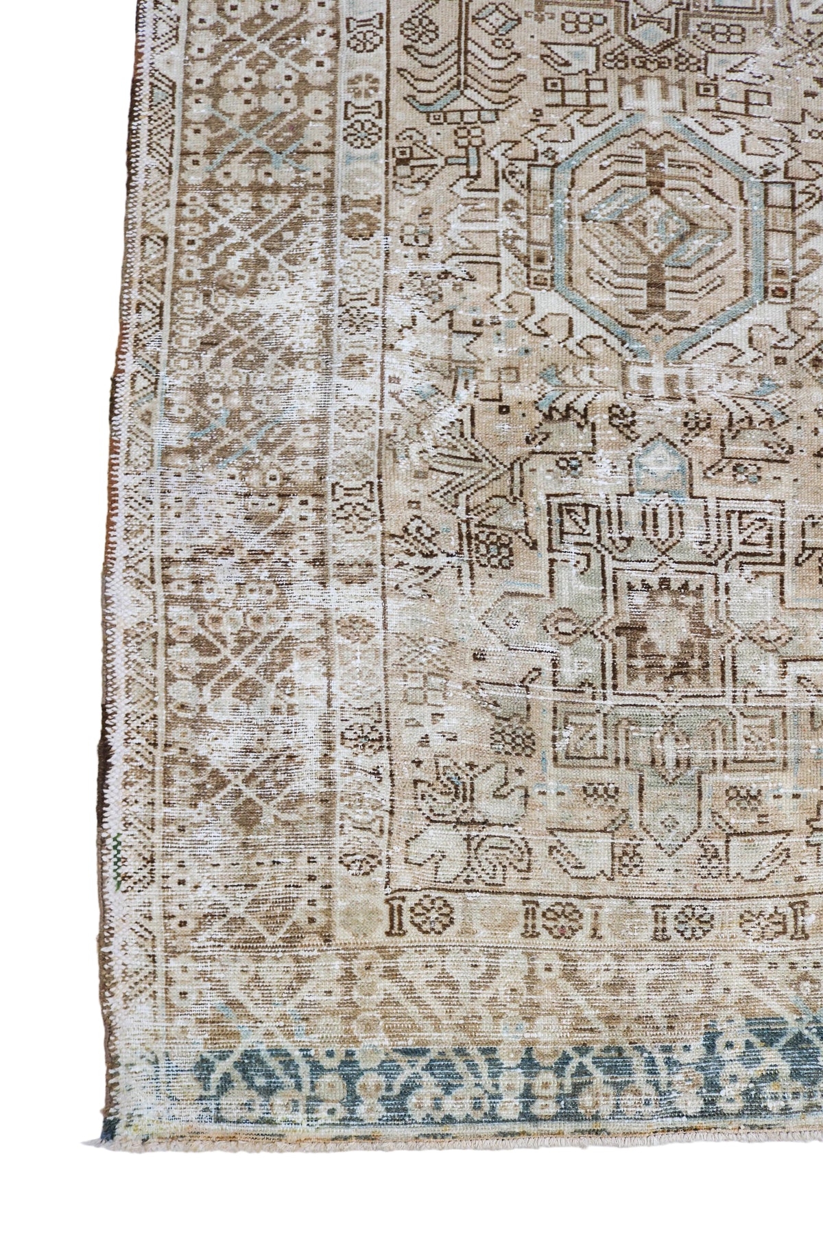 Antique Persian Heriz-Karaja carpet with intricate geometric motifs in beige, ivory and faded blue