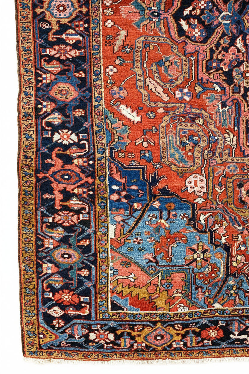 Antique Persian Heriz carpet with terracotta field, bold medallion, blue motifs and ivory accents