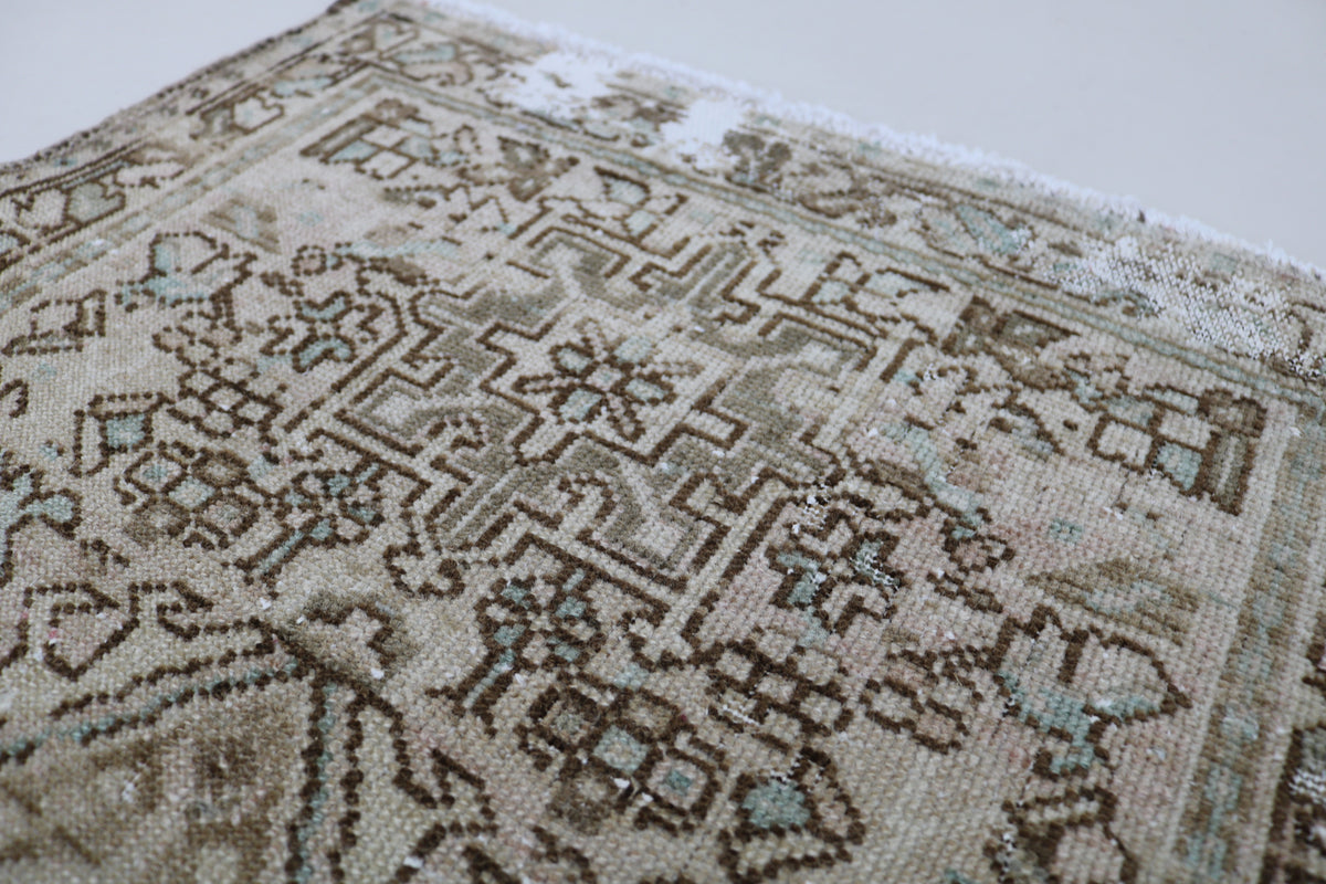 Close-up showing intricate Heriz patterns with beige, brown and muted blue details
