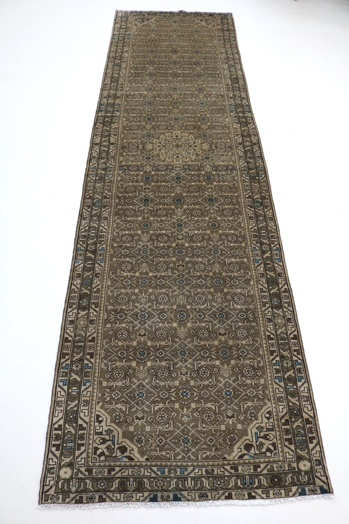 Full view of antique Malayer runner with repeating Herati pattern and long narrow format