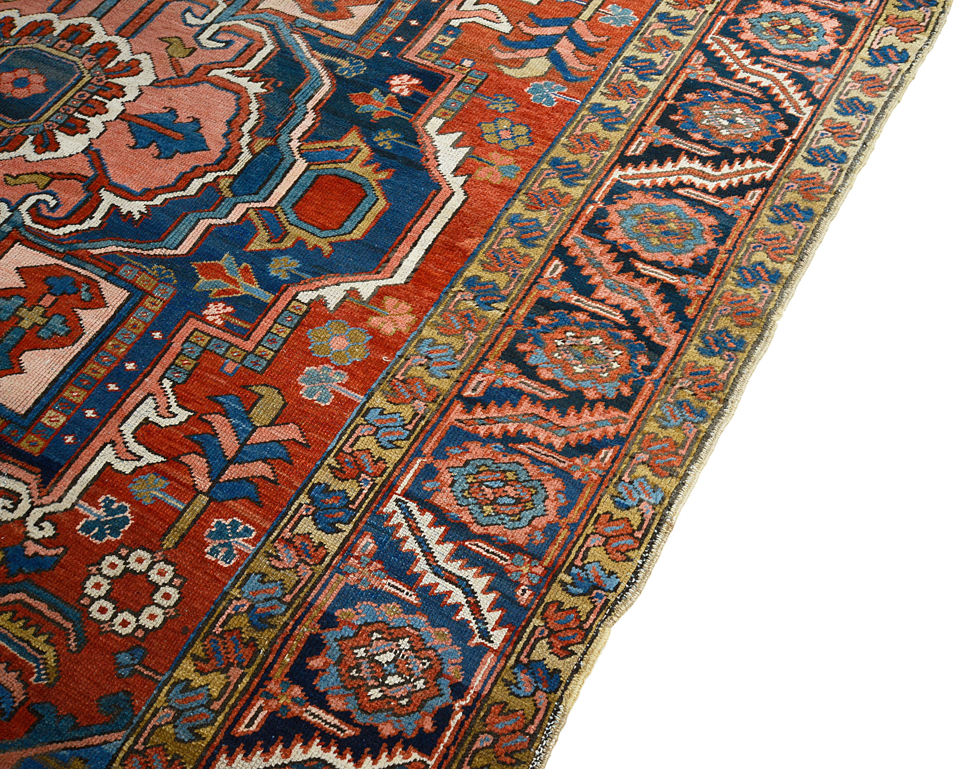 Close-up of traditional border pattern on antique Persian Heriz carpet