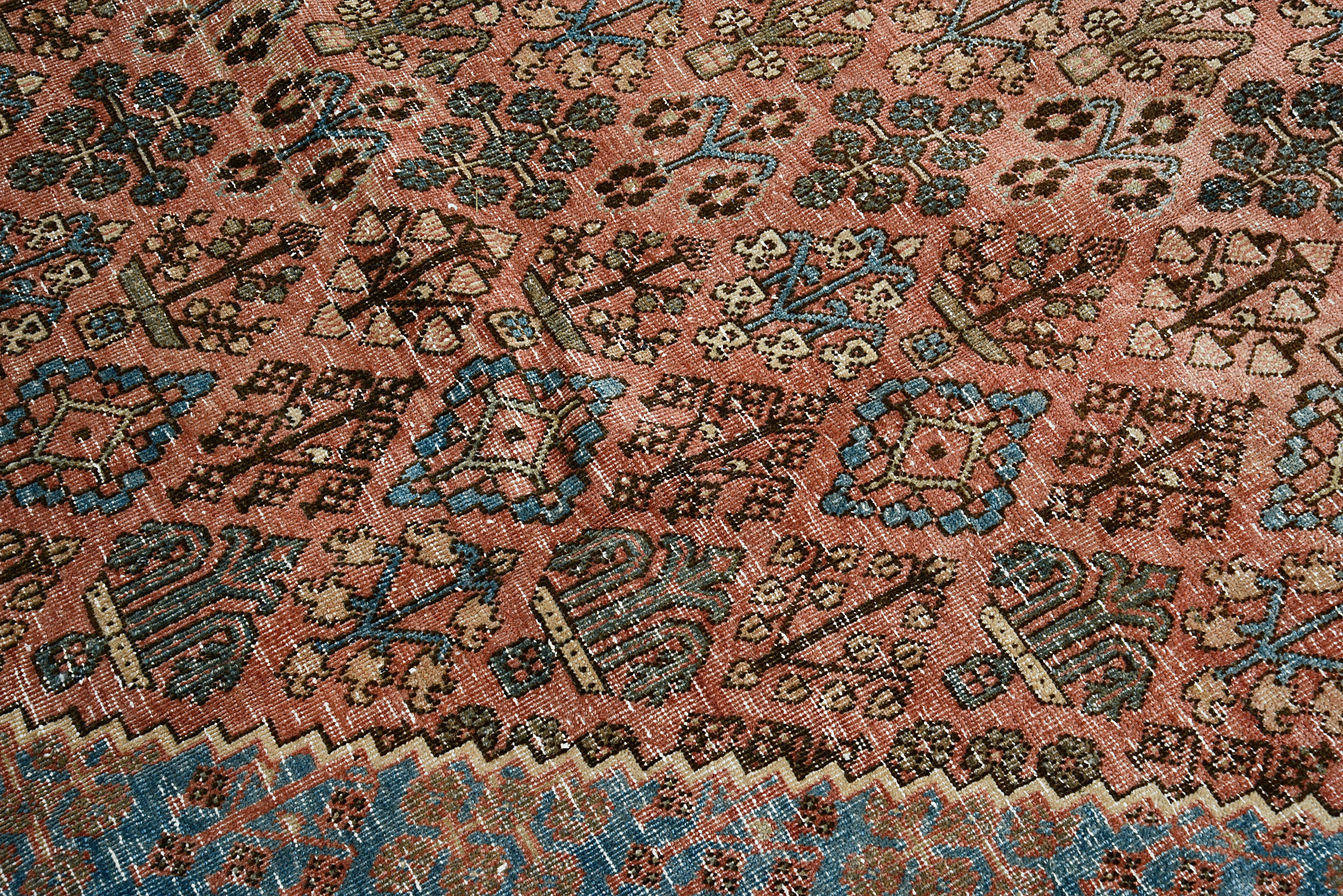 Close-up of repeating geometric field motifs on muted colour Persian Josheqan rug