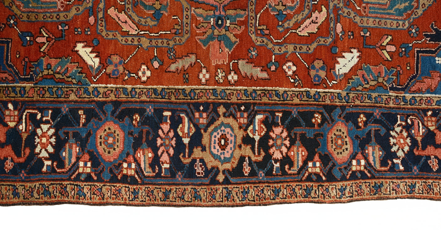 Close-up of border pattern on antique Persian Heriz carpet