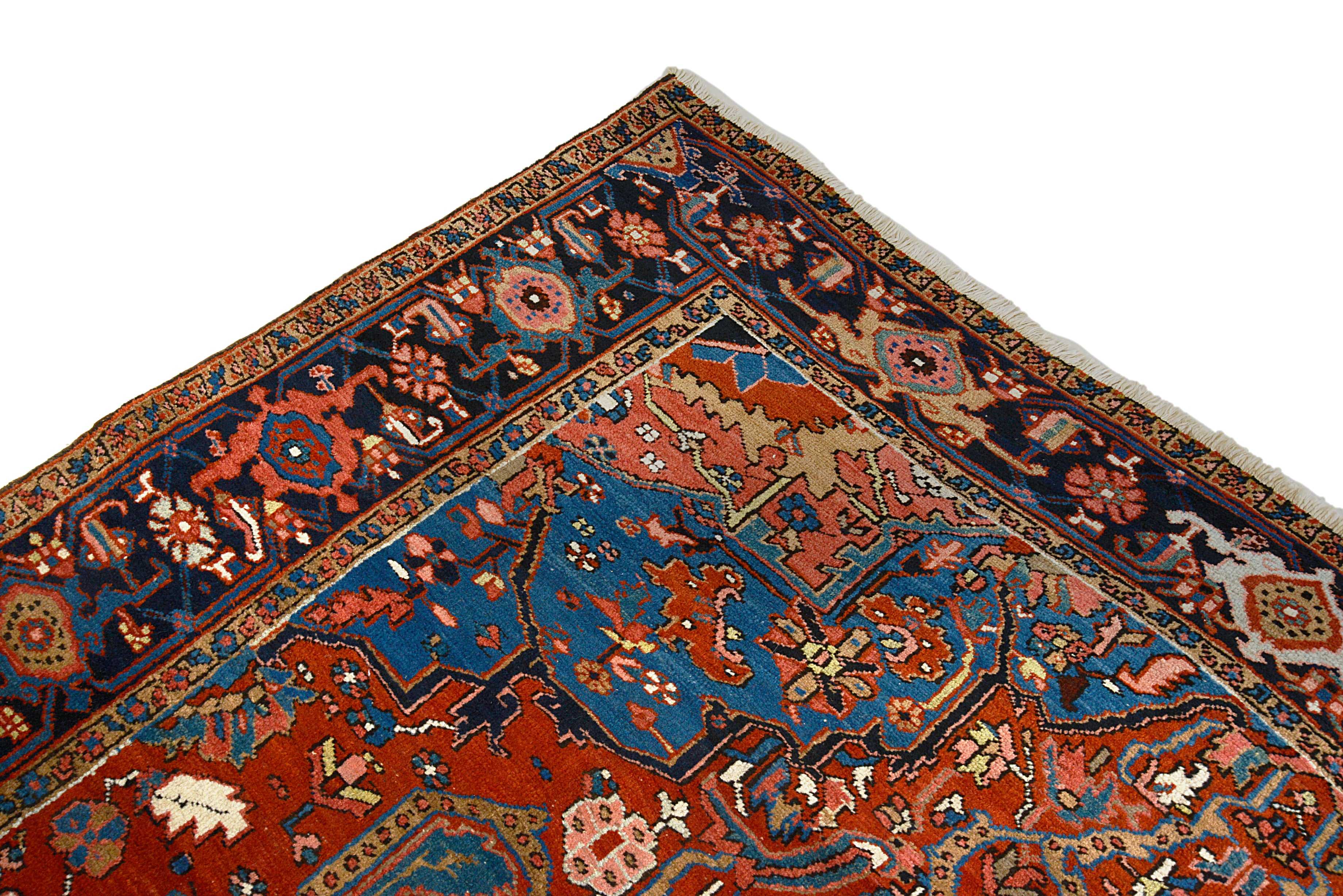 Close-up of corner detail on antique Persian Heriz carpet