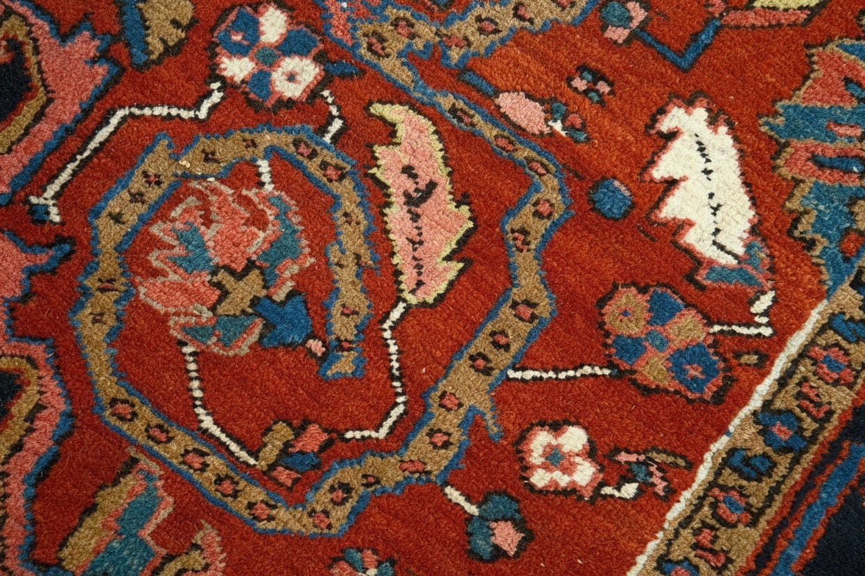 Close-up showing rich colours and drawing on Heriz carpet