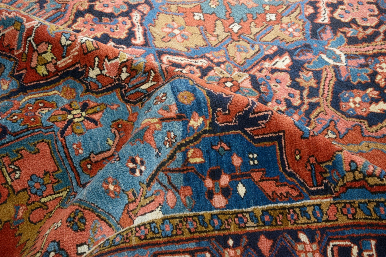 Close-up of wool texture on antique Persian Heriz carpet
