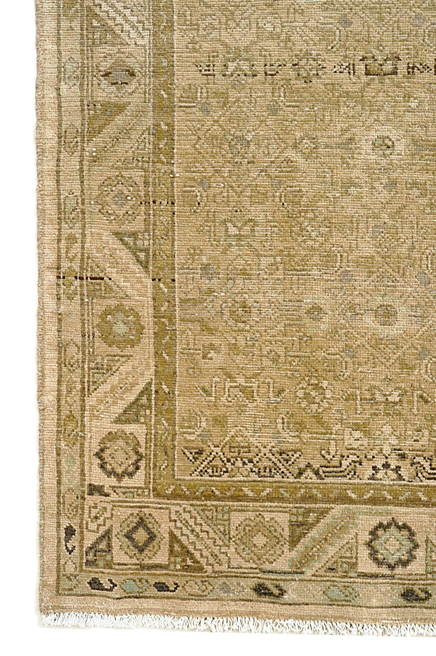 Vintage Persian Malayer rug corner detail showing hand-knotted wool and geometric border