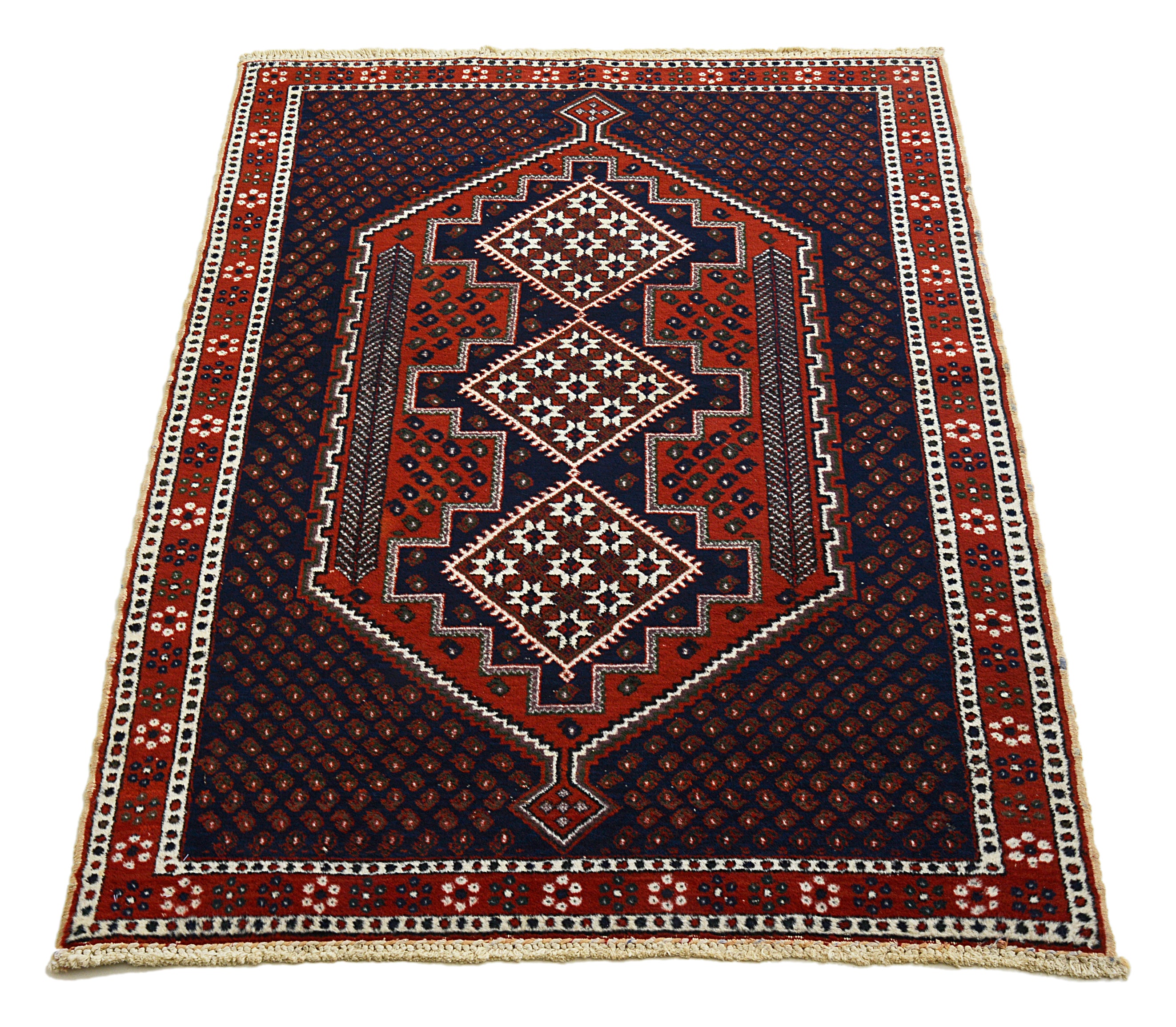 Full view of an antique Persian Afshar rug woven circa 1930, measuring 135 x 100 cm