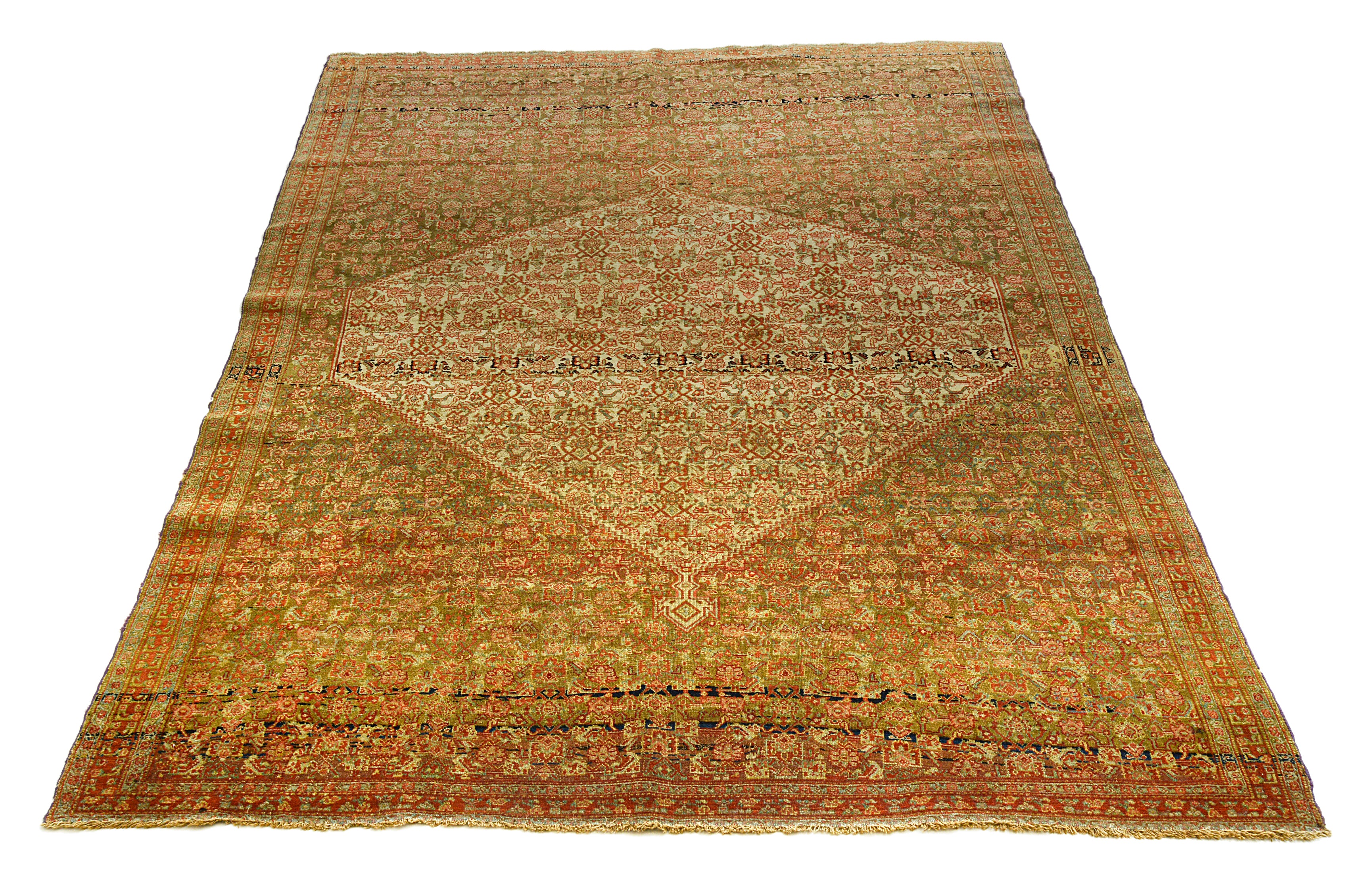 Full view of an antique Persian Senneh rug woven circa 1900, measuring 191 x 135 cm