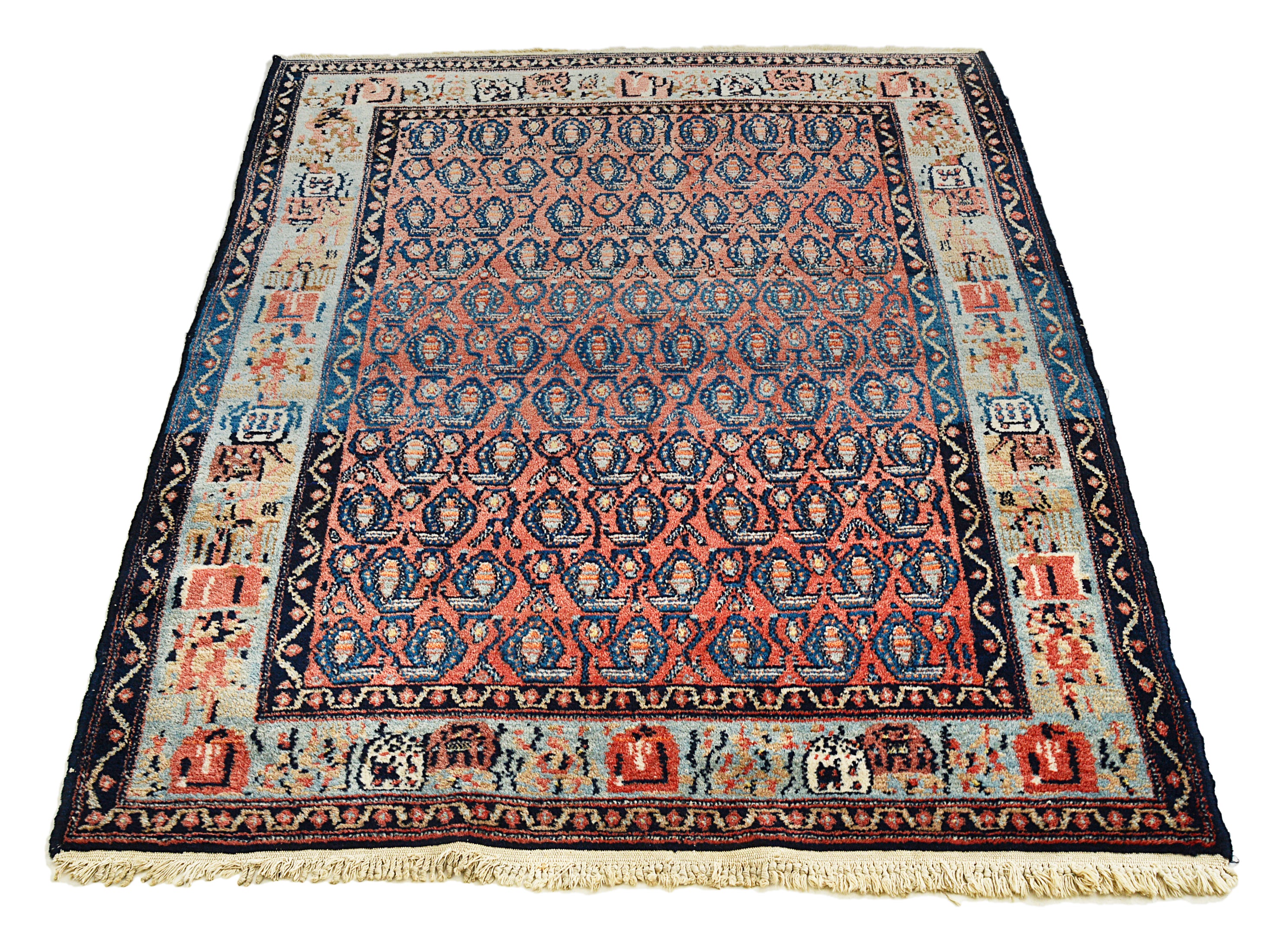 Full view of an antique Persian Senneh rug woven circa 1930, measuring 148 x 117 cm