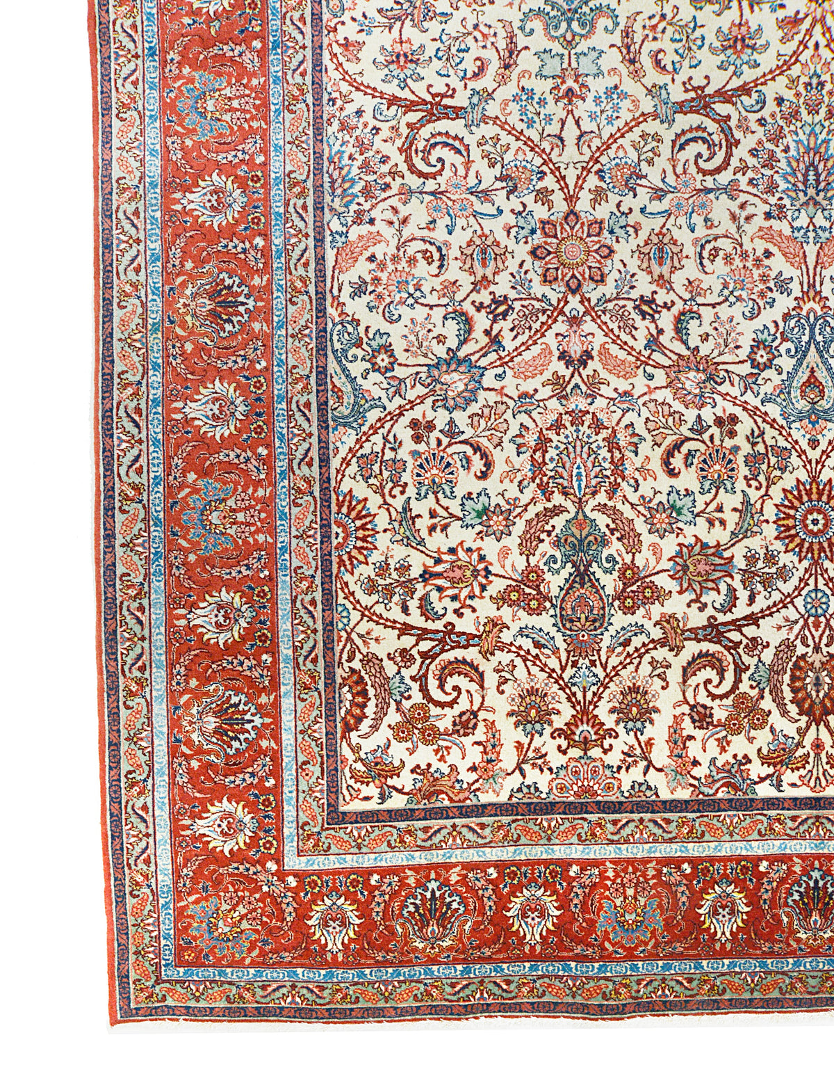 Fine antique Persian Tabriz rug with ivory floral field and richly decorated terracotta border