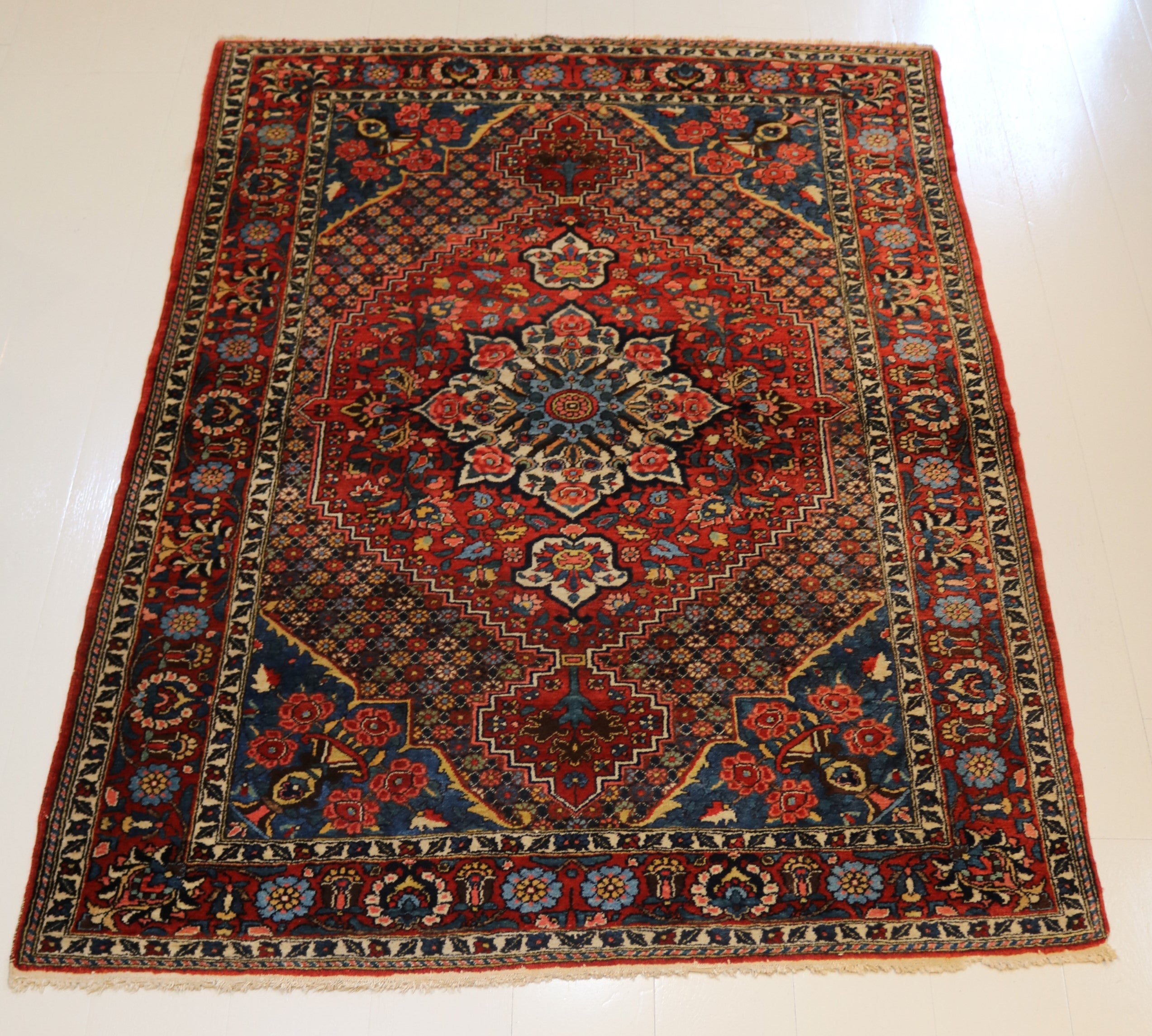 Antique Persian Bakhtiyar Rug with Light Blue Corners, 197 × 144 cm