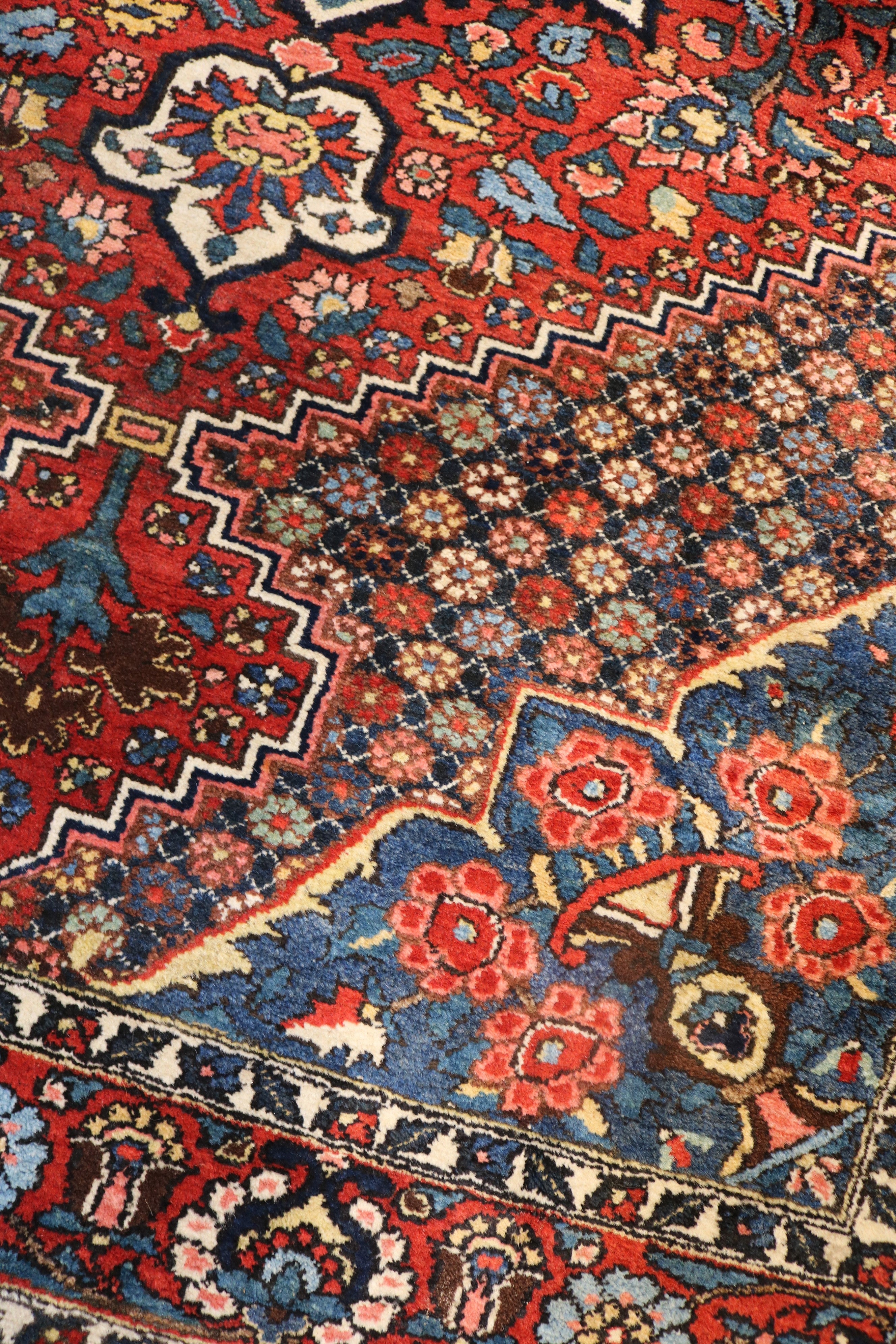 Antique Persian Bakhtiyar Rug with Light Blue Corners, 197 × 144 cm