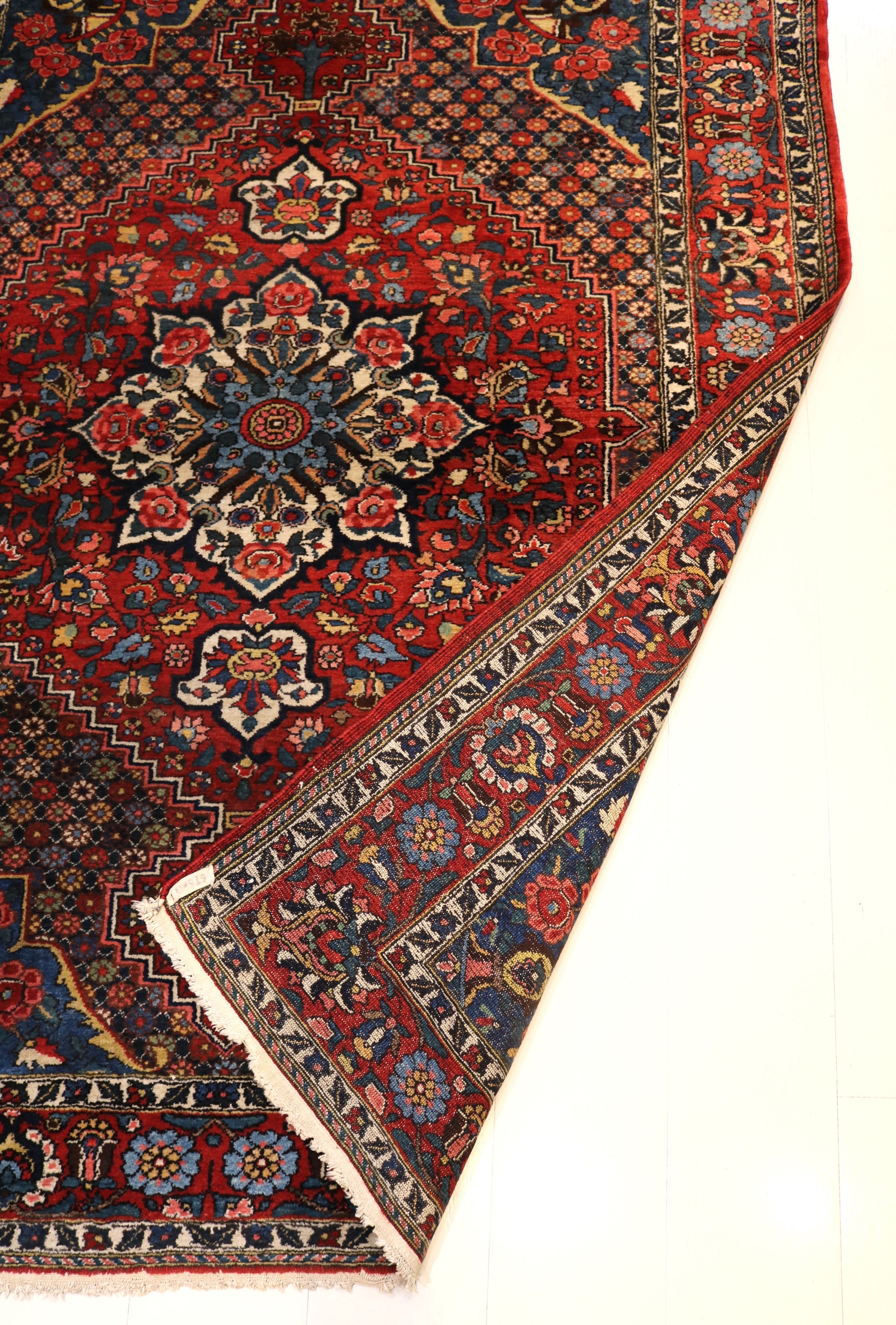 Antique Persian Bakhtiyar Rug with Light Blue Corners, 197 × 144 cm