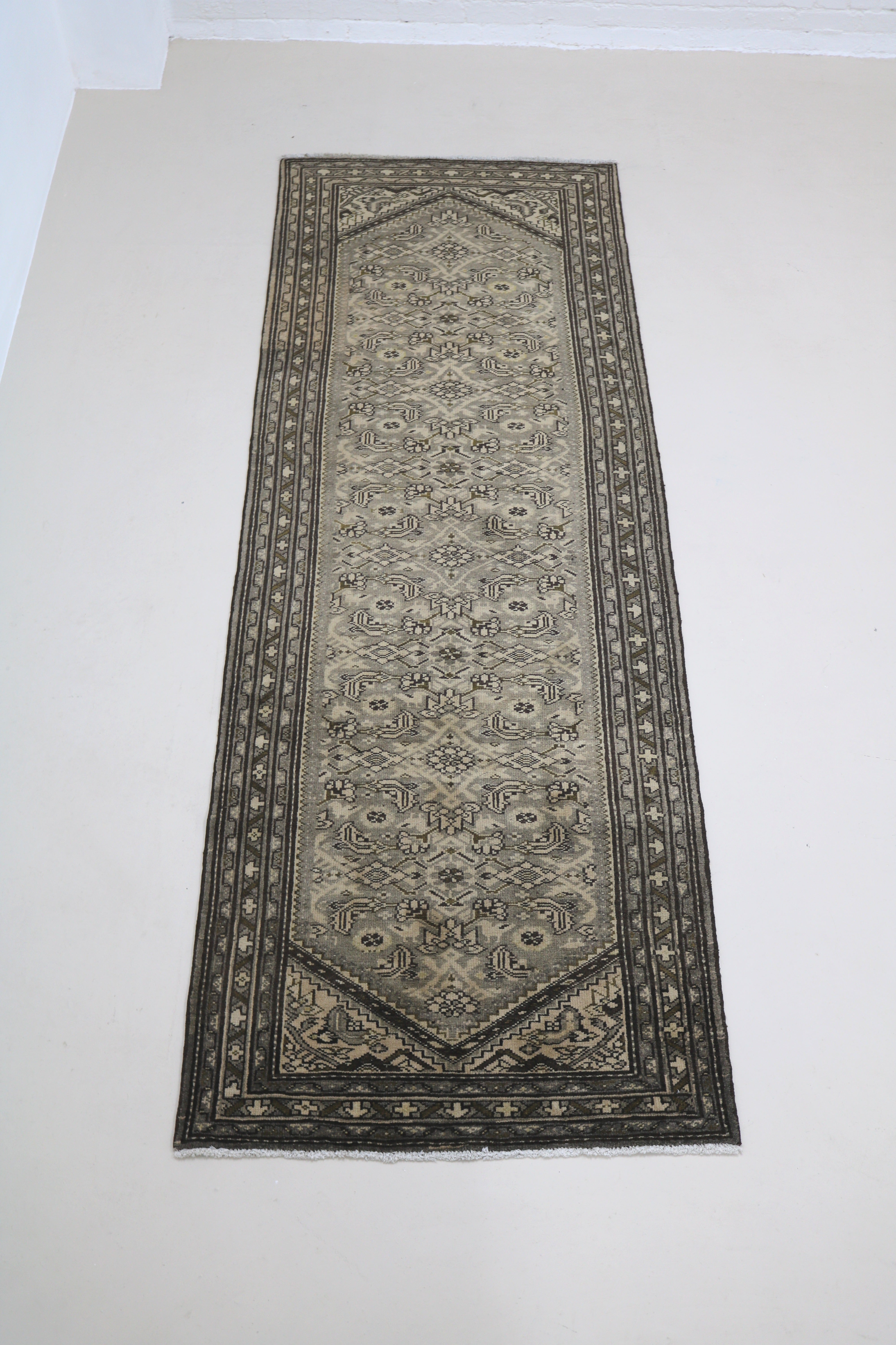 Full view of antique Persian Malayer runner with delicate all-over design and balanced borders