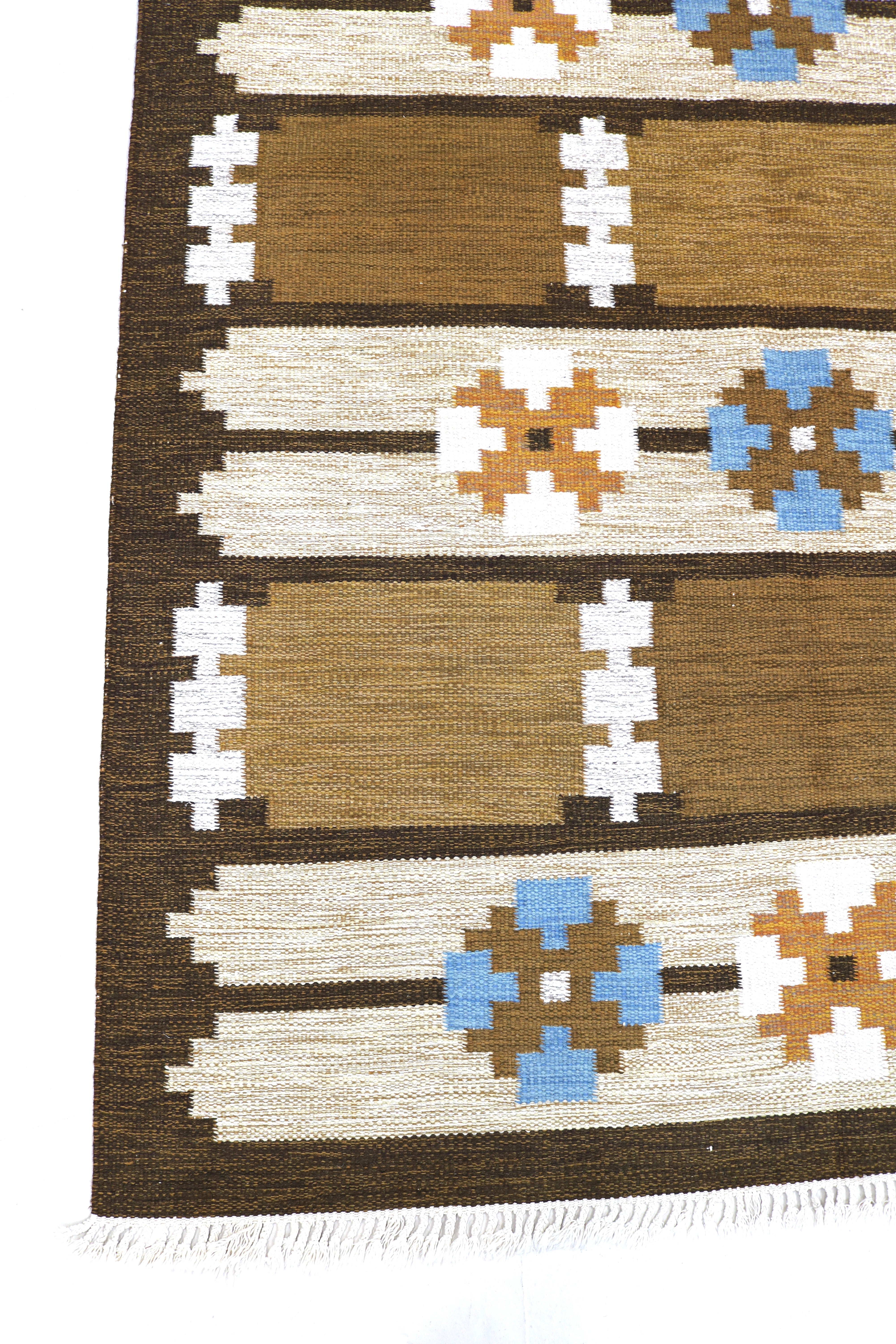 Vintage Swedish kilim rug 240 × 170 cm with ivory, blue and ochre geometric motifs.