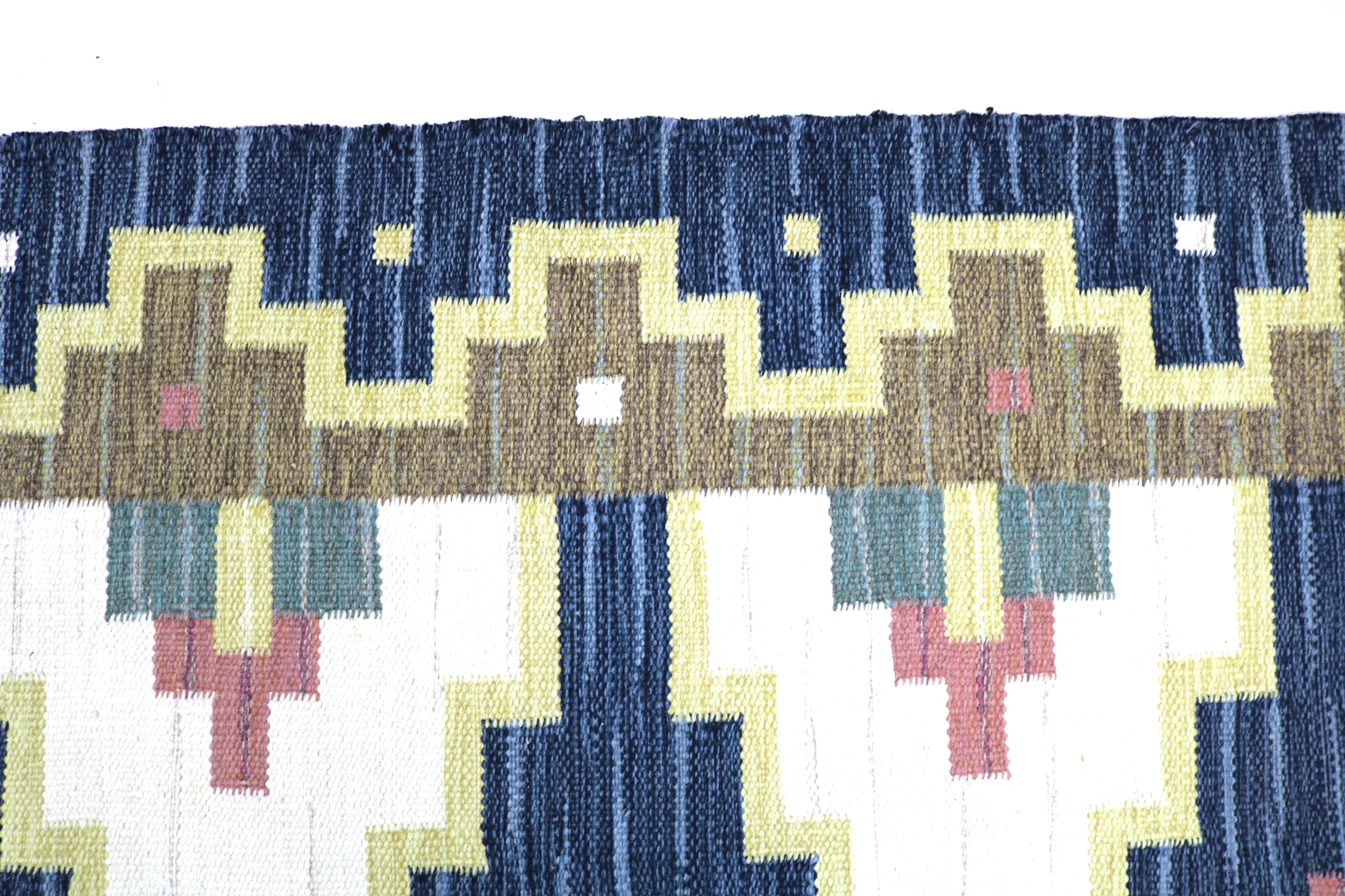 Detail showing traditional Scandinavian geometric motifs in navy, ivory and olive green.