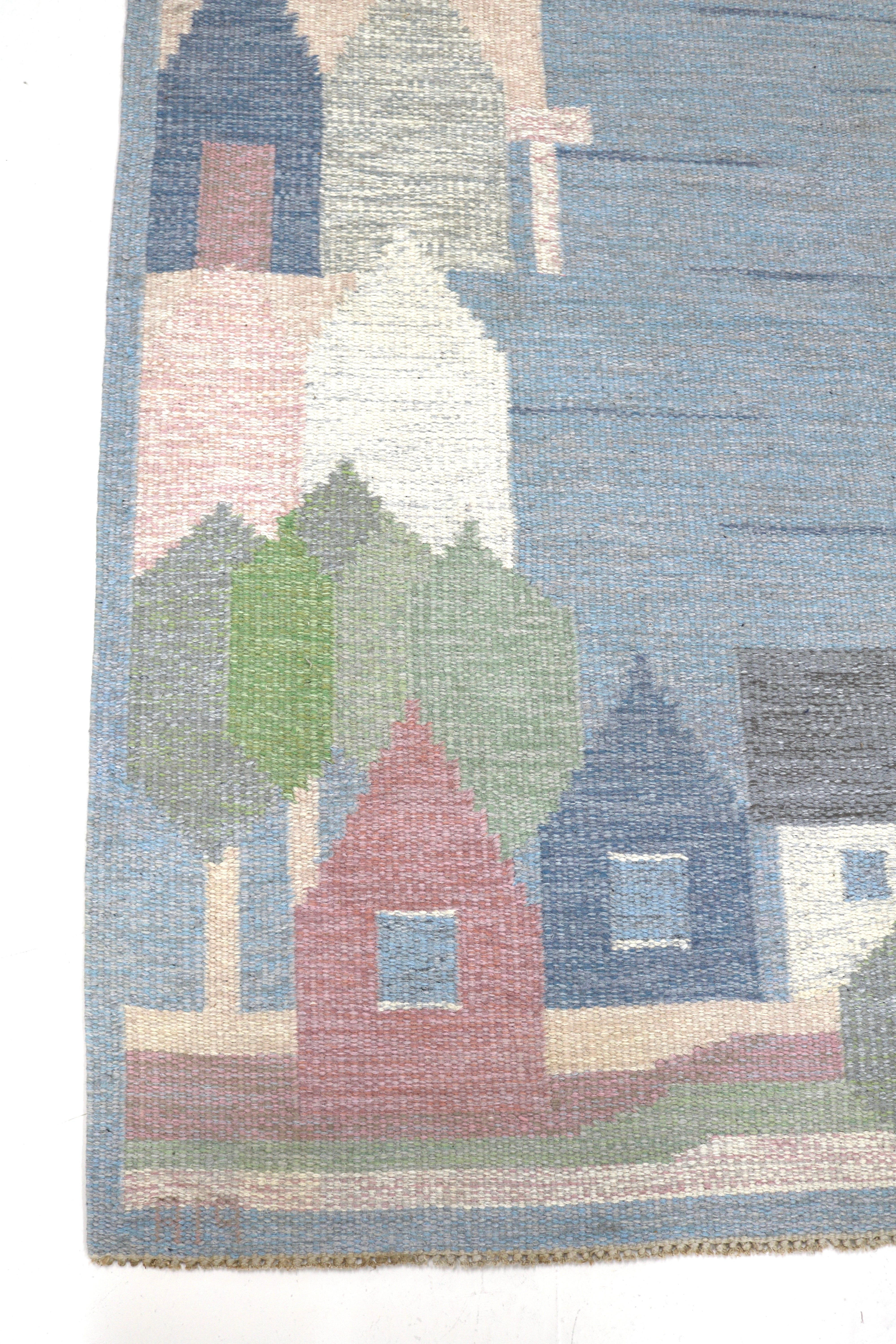 Vintage Swedish kilim rug 244 × 166 cm featuring a Scandinavian village landscape in soft pastel colours.