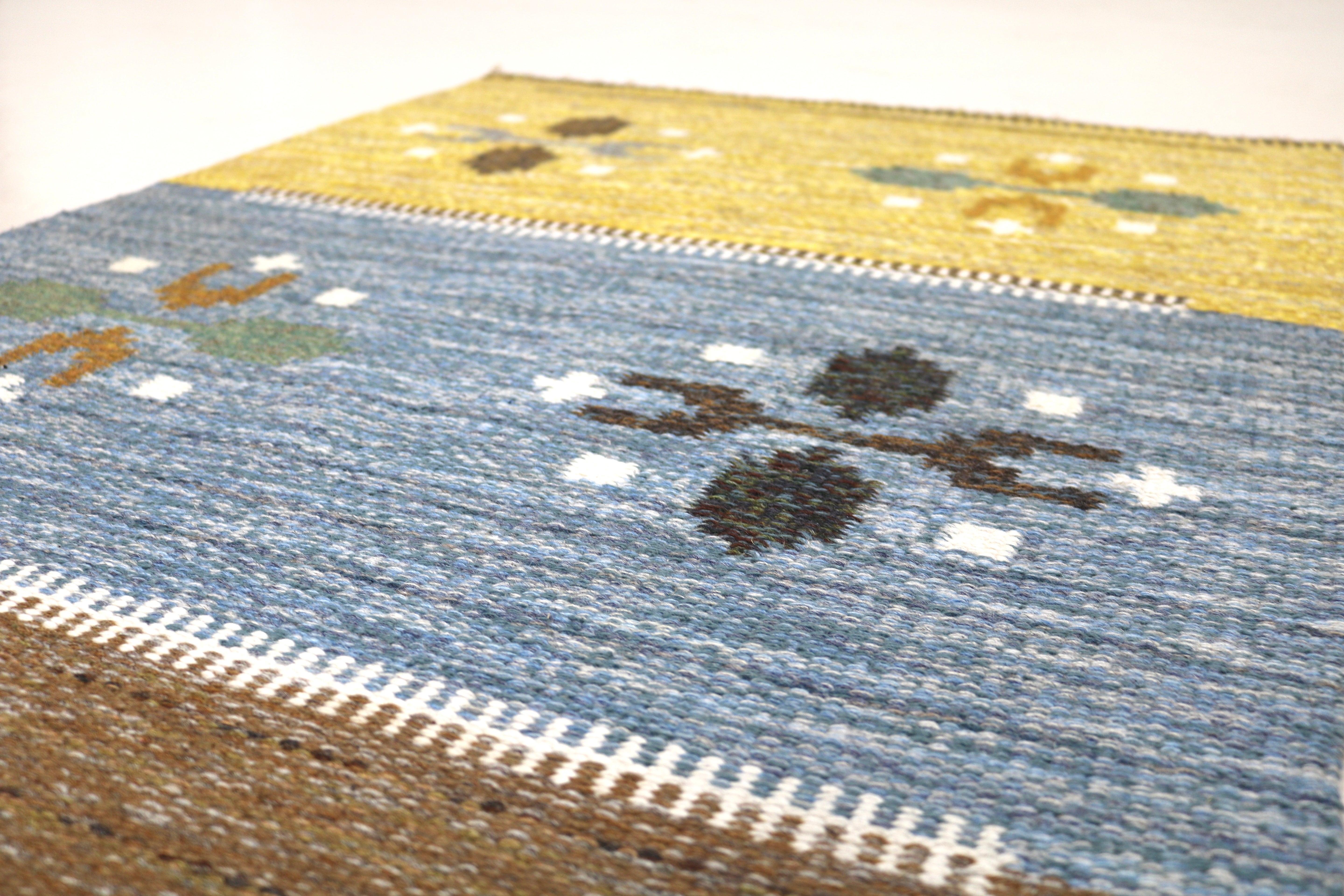 Detail of vintage Swedish kilim rug showing handwoven texture, geometric motifs, and natural wool colours
