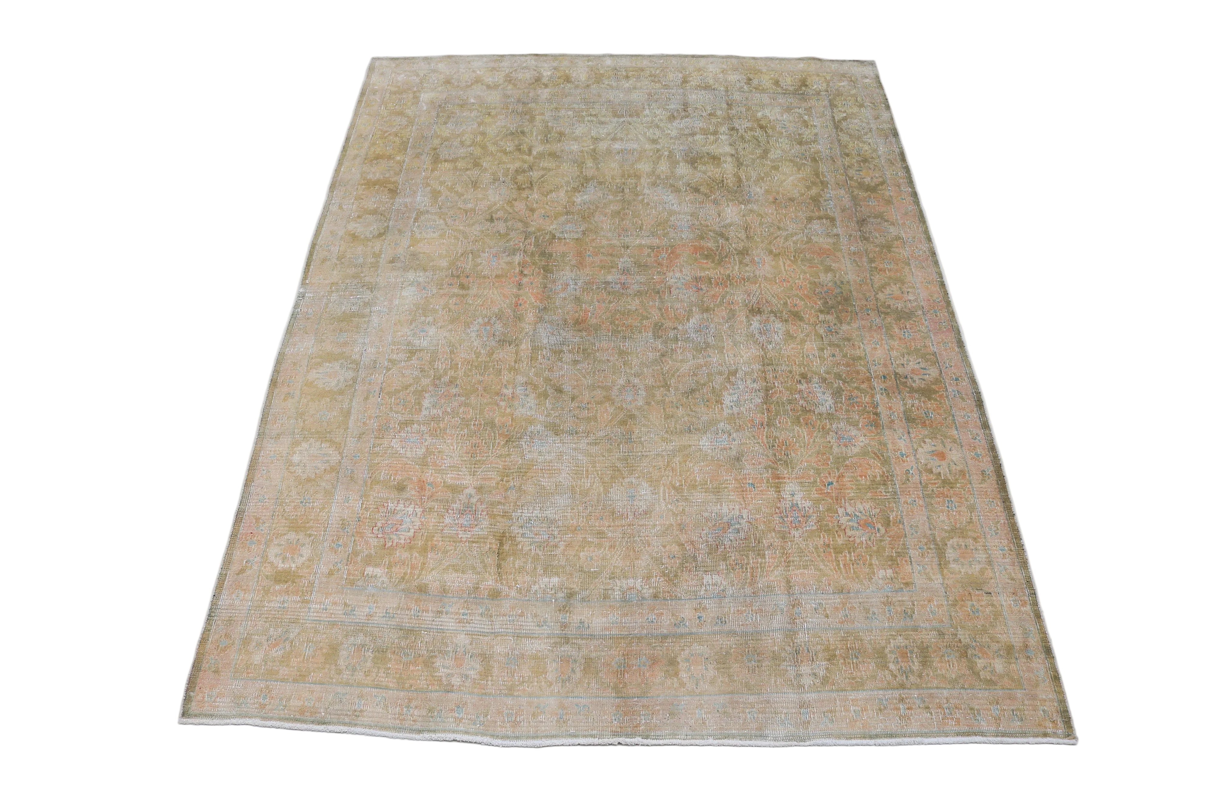 Large vintage Persian Sarouk carpet with elegant floral design in beige and muted gold tones