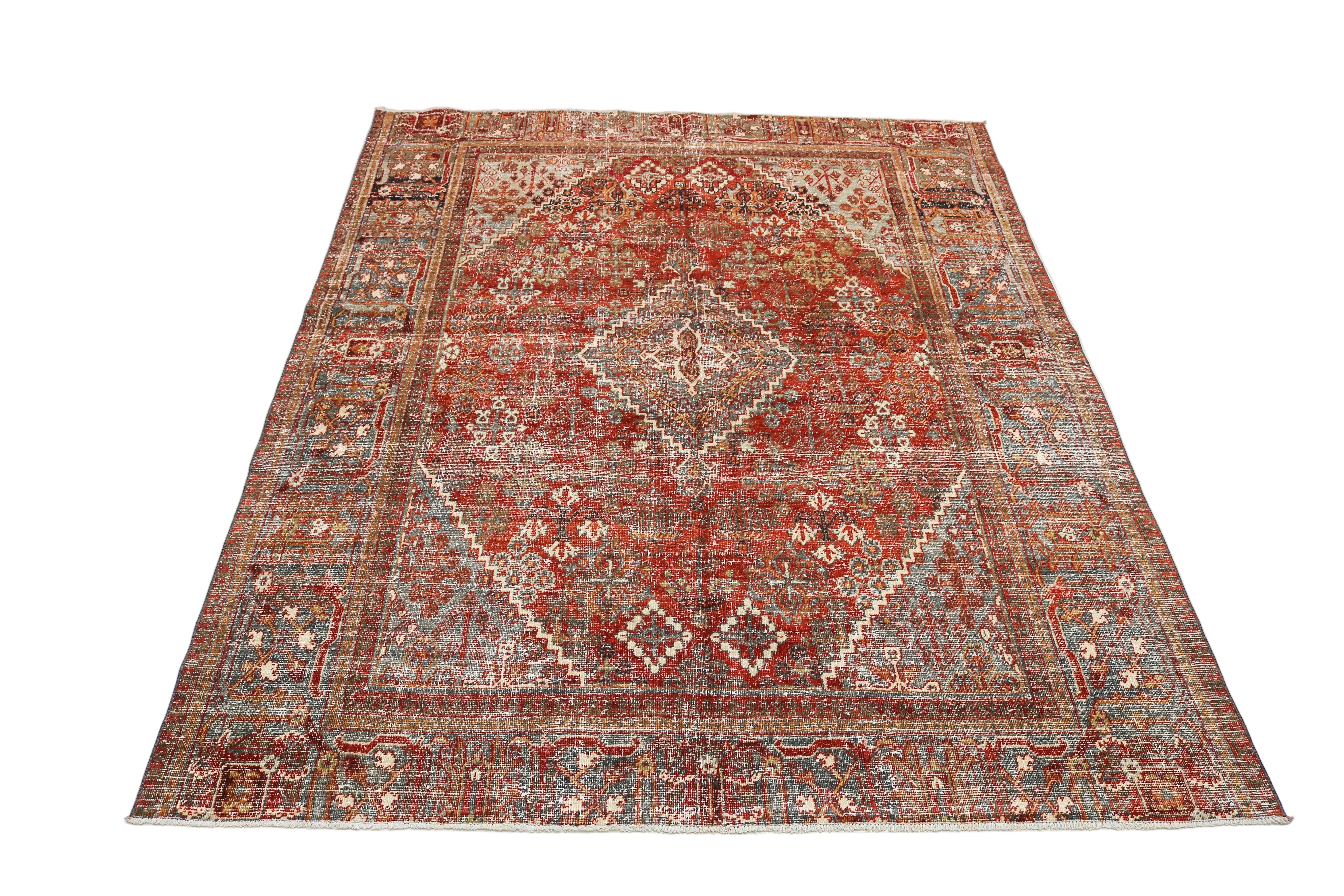 Large antique Persian Josheqan carpet with geometric medallion design in terracotta red and ivory tones