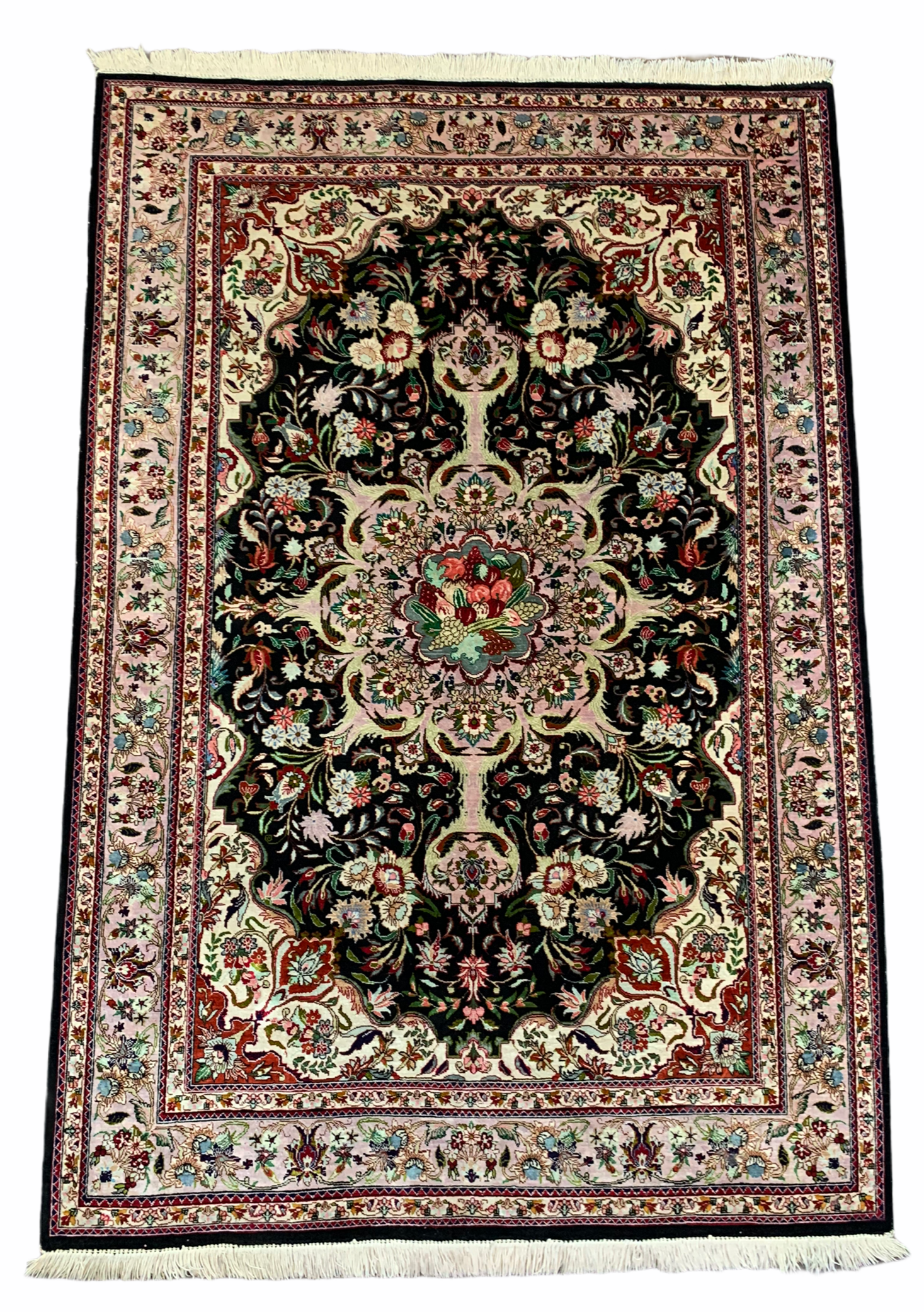 Vintage Qom Silk Rug with Fruit Motif, 152 × 103 cm (circa 1940s–1950s)