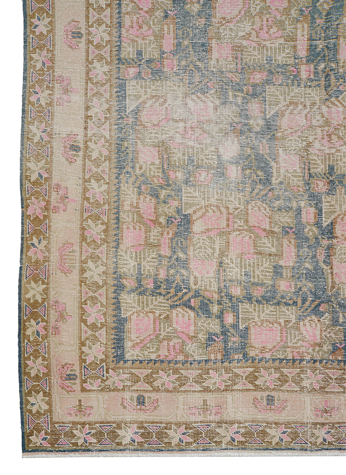Vintage Persian Afshar rug with muted blue field, geometric motifs and floral border
