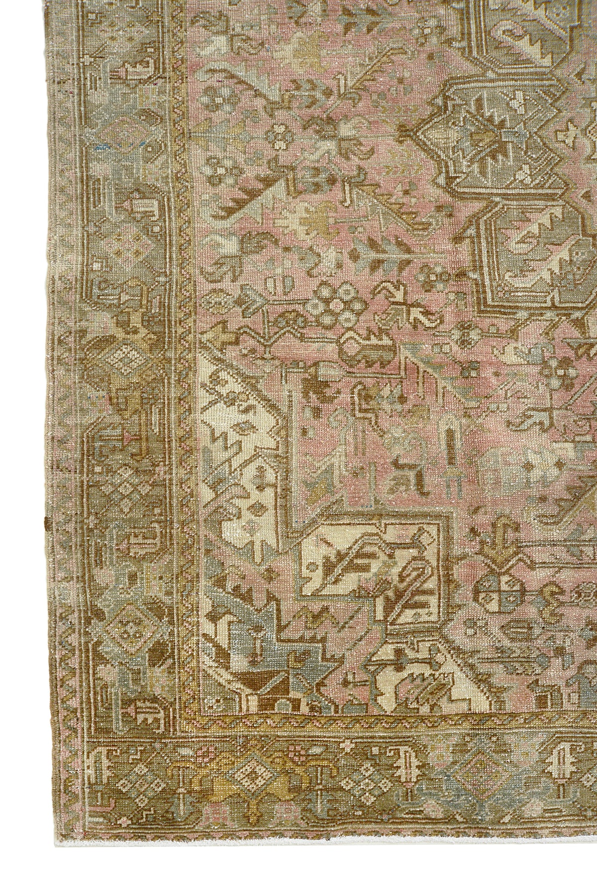 Vintage Persian Heriz carpet with soft blush, beige and olive geometric motifs
