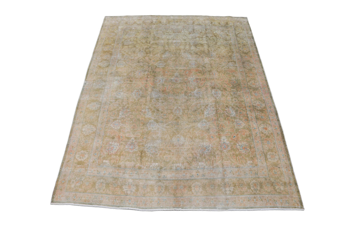 Full view of vintage Persian Sarouk carpet with subtle floral design and aged tones