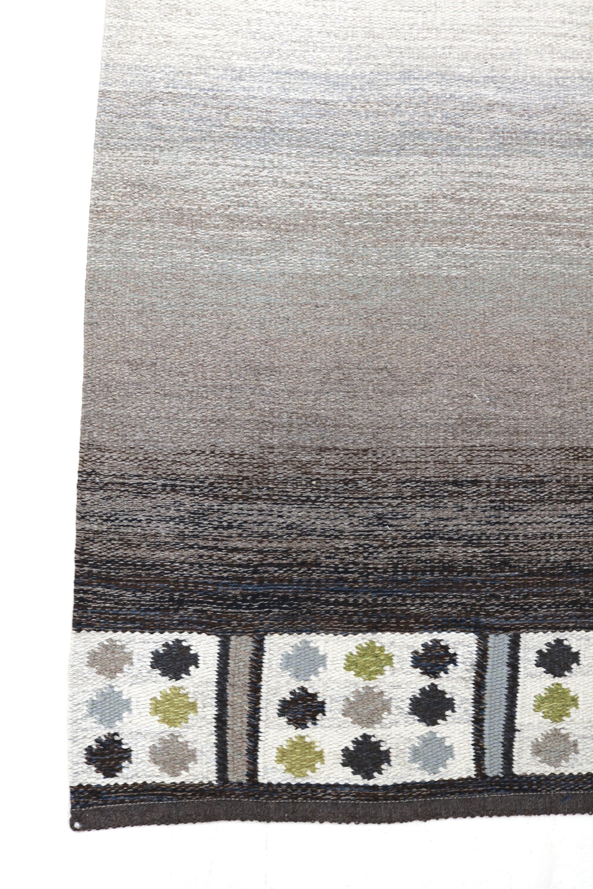 Vintage Swedish Kilim rug with soft grey field and floral geometric border