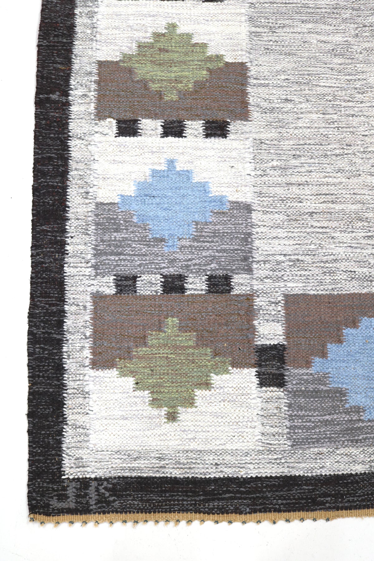 Vintage Swedish Kilim rug with ivory field and geometric motifs in blue, olive and taupe