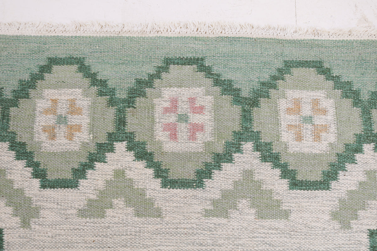 Close-up of Kilim rug border featuring floral medallions in sage green, ivory and pink