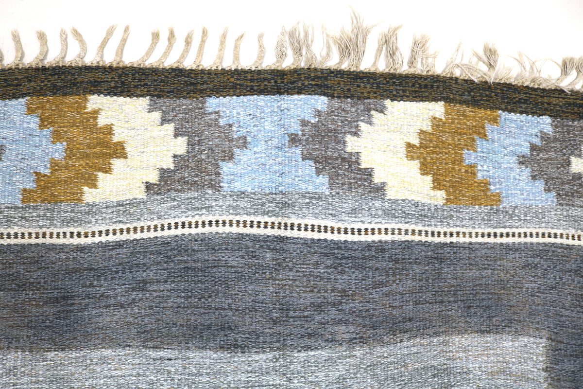 Close-up of Swedish Kilim rug border with repeating ochre, blue and ivory geometric motifs