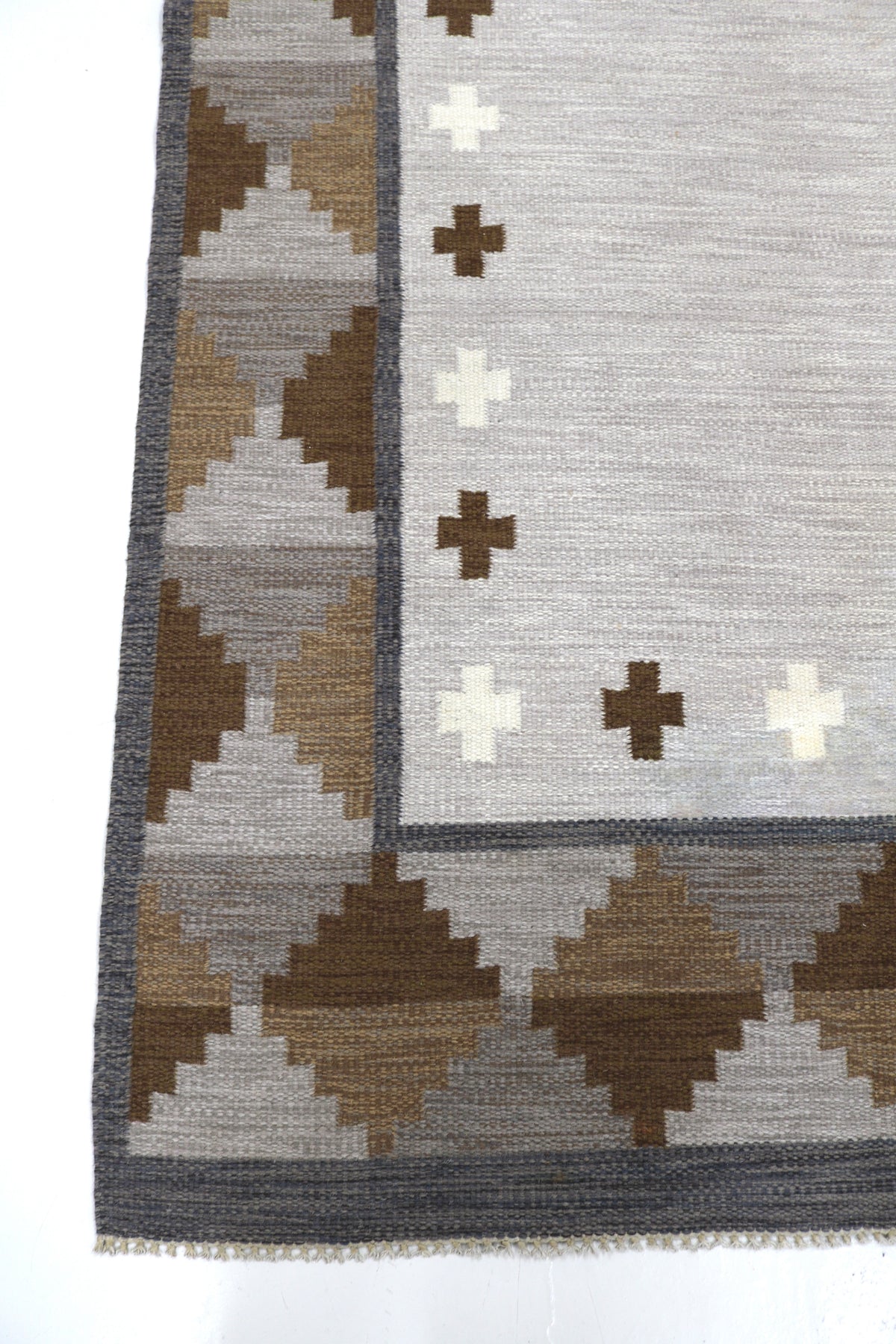 Vintage Swedish Kilim rug with ivory field and geometric border in taupe, brown and grey