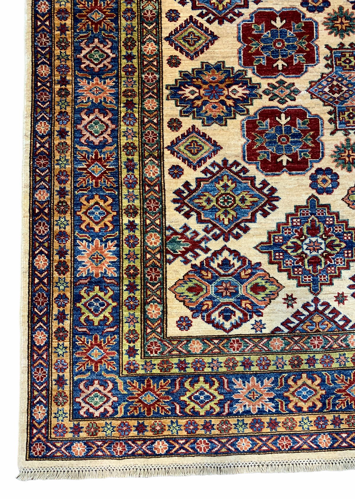 Afghan Kazak rug with ivory field, colourful geometric motifs and richly patterned border