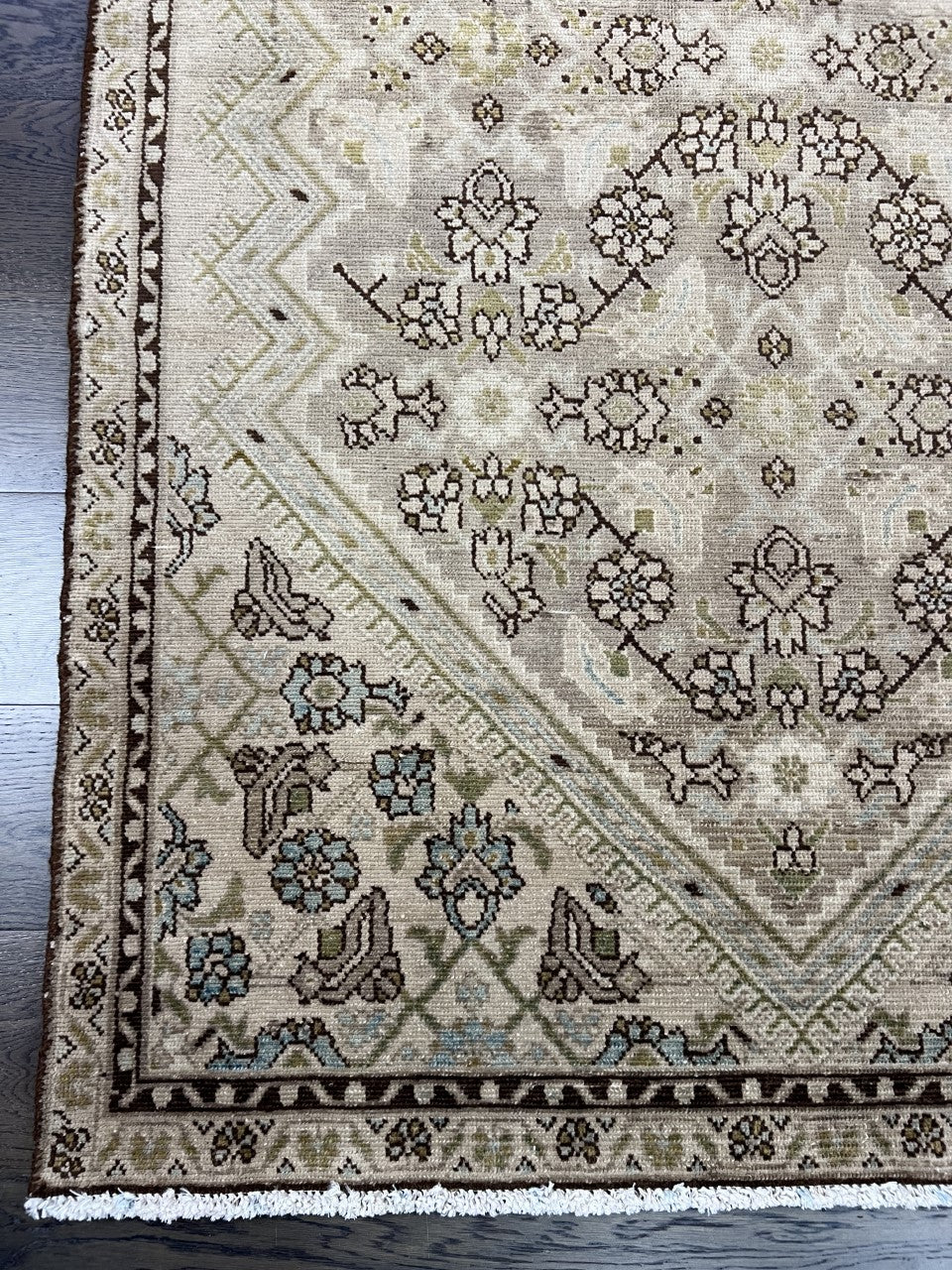 Vintage Persian Malayer rug with muted field, floral motifs and delicate geometric border