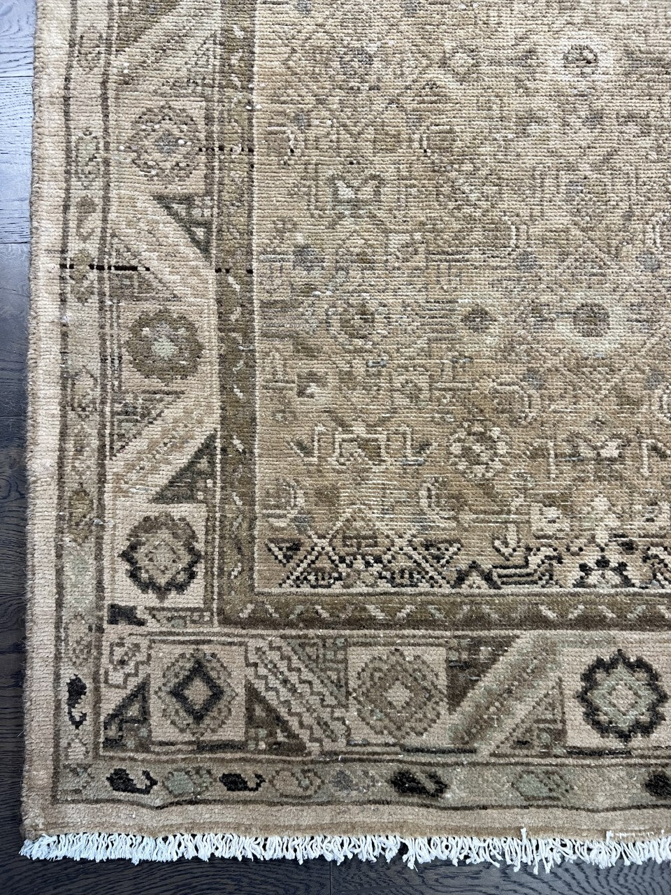 Vintage Persian Malayer rug with muted beige field, geometric motifs and decorative borders