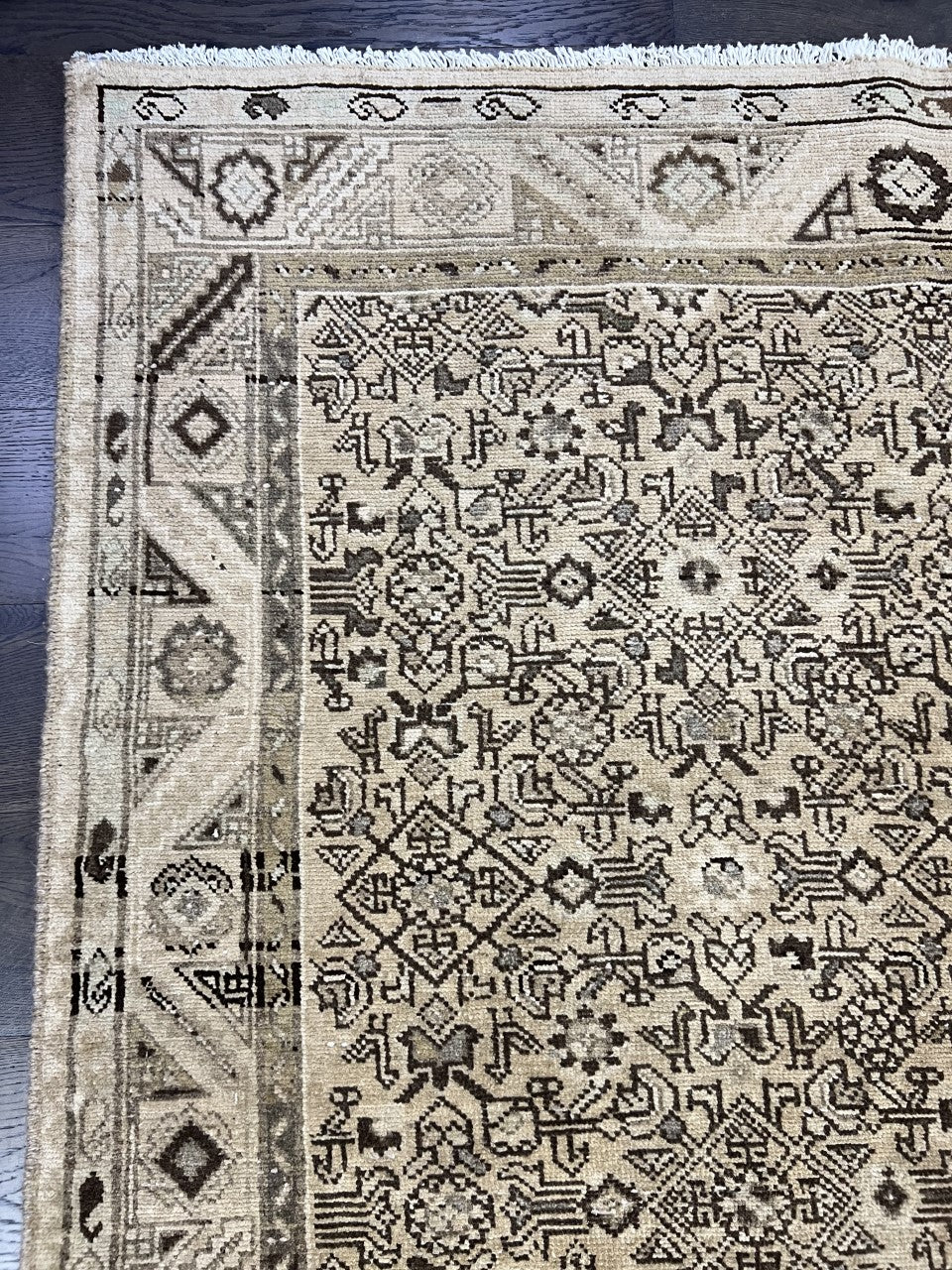 Close-up of Malayer rug with intricate patterns and softly muted tones