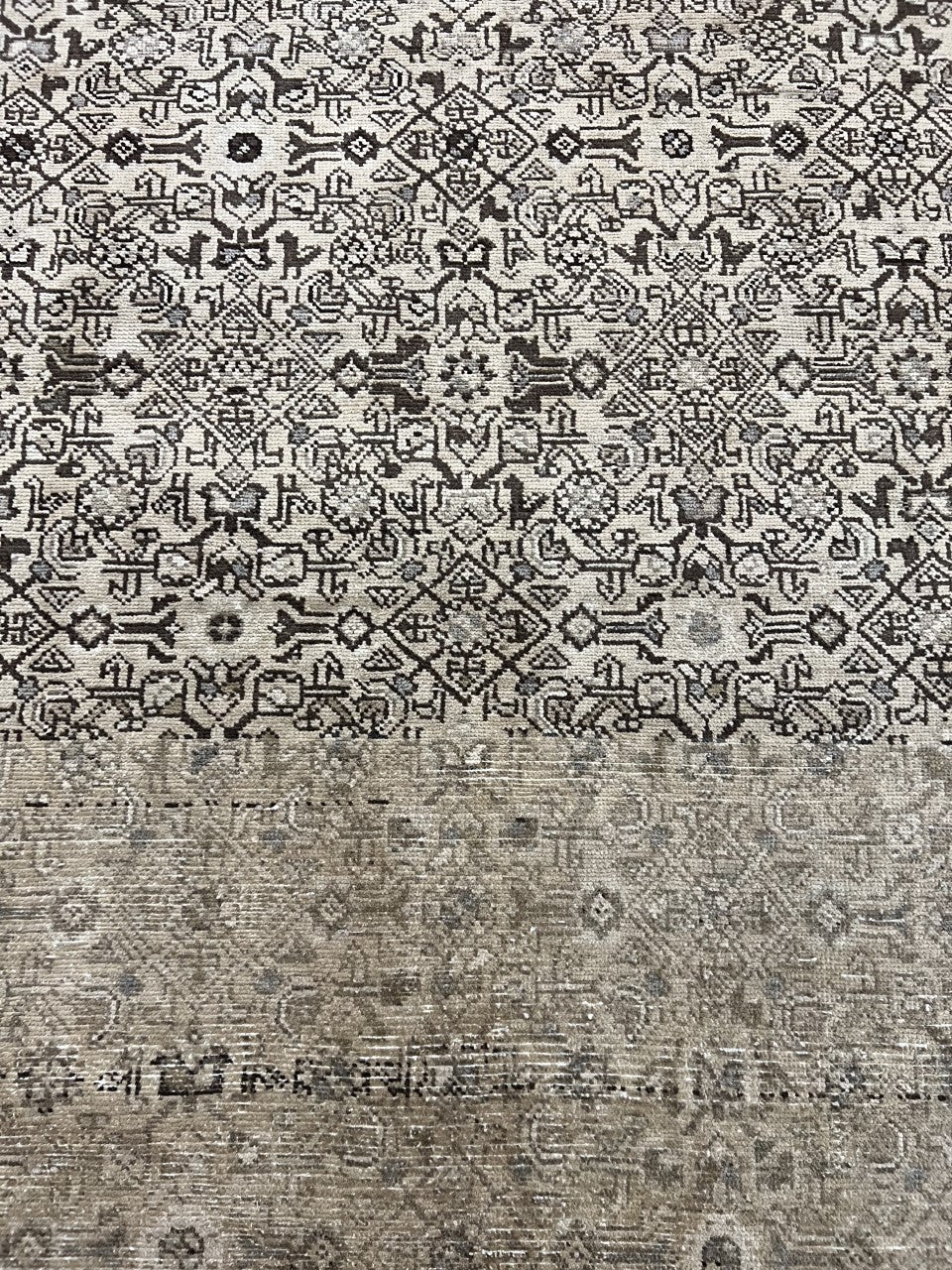 Detailed rug field featuring dense floral motifs in neutral earthy tones