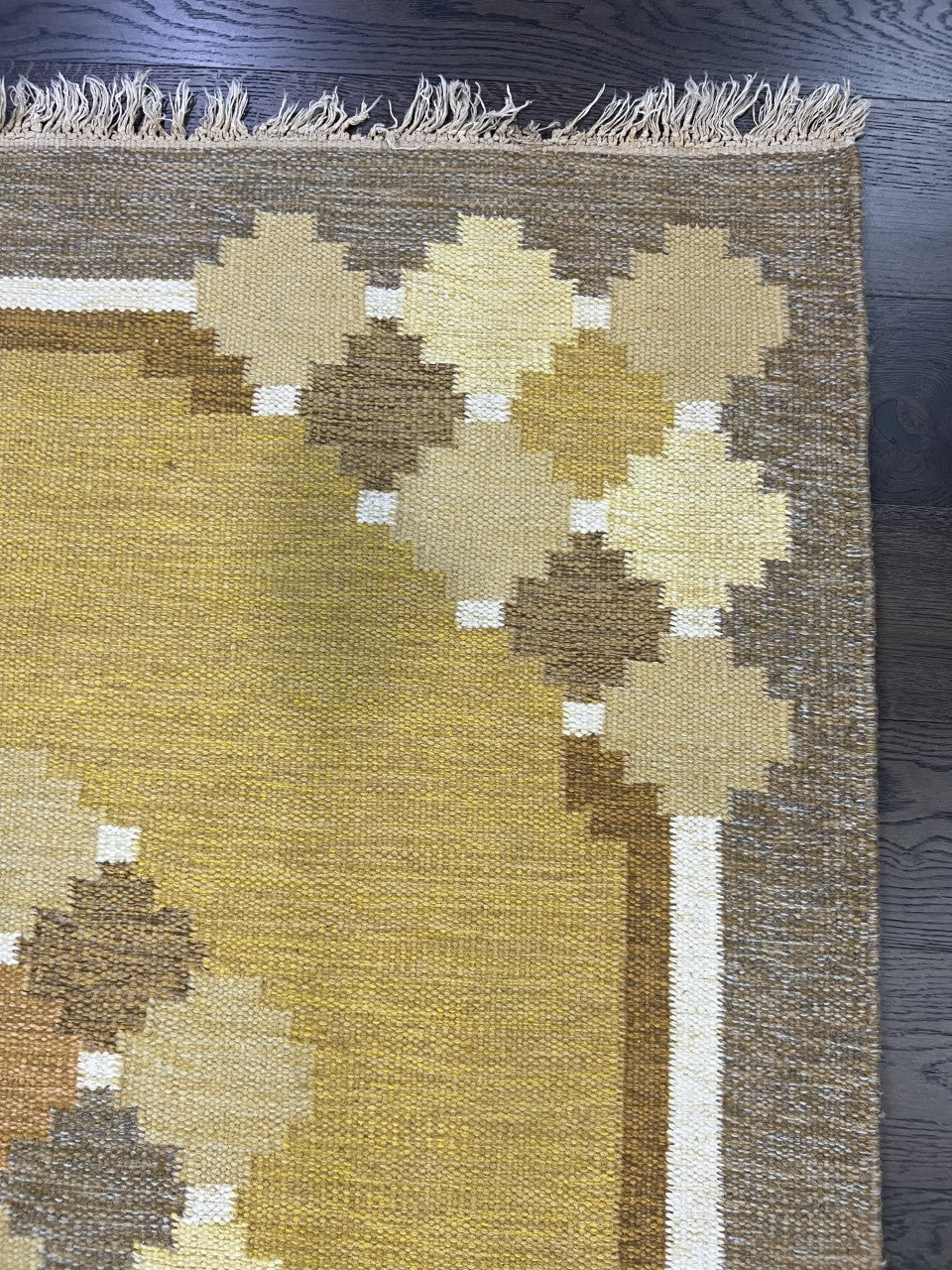 Detailed Kilim section with geometric diamond shapes arranged along the border