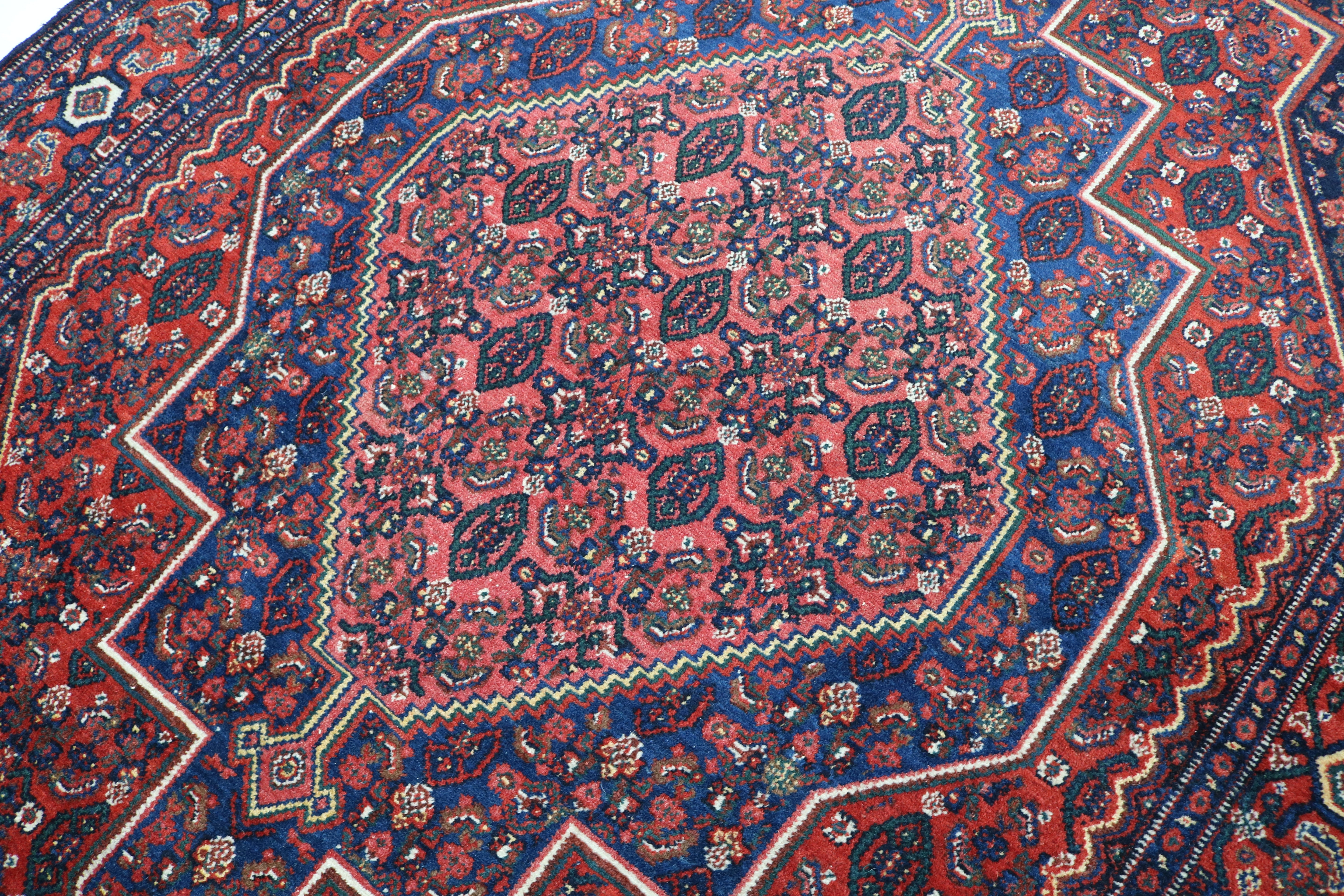 Close-up of hand-knotted wool texture on antique Persian Senneh rug
