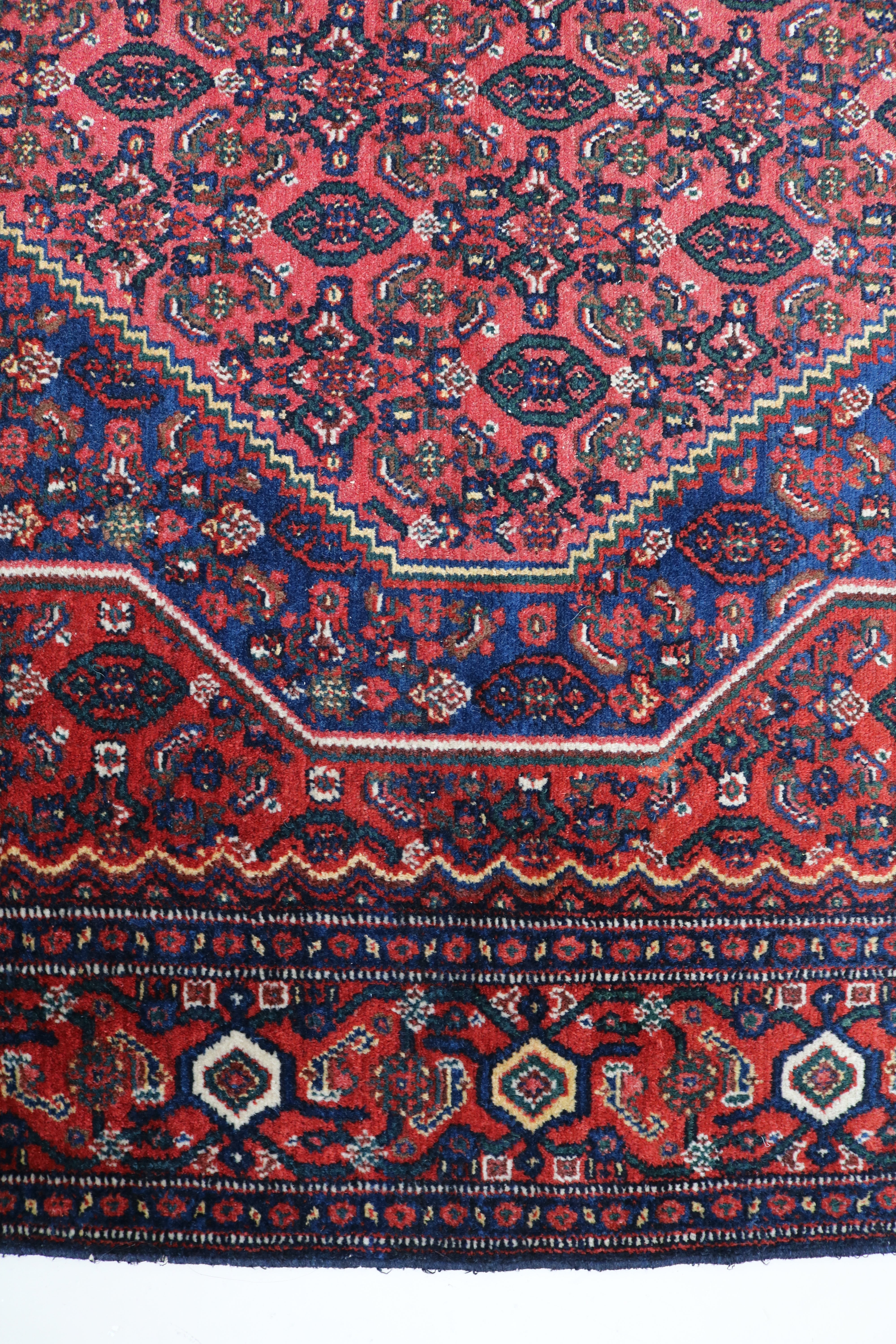Close-up of hand-knotted wool texture on antique Persian Senneh rug
