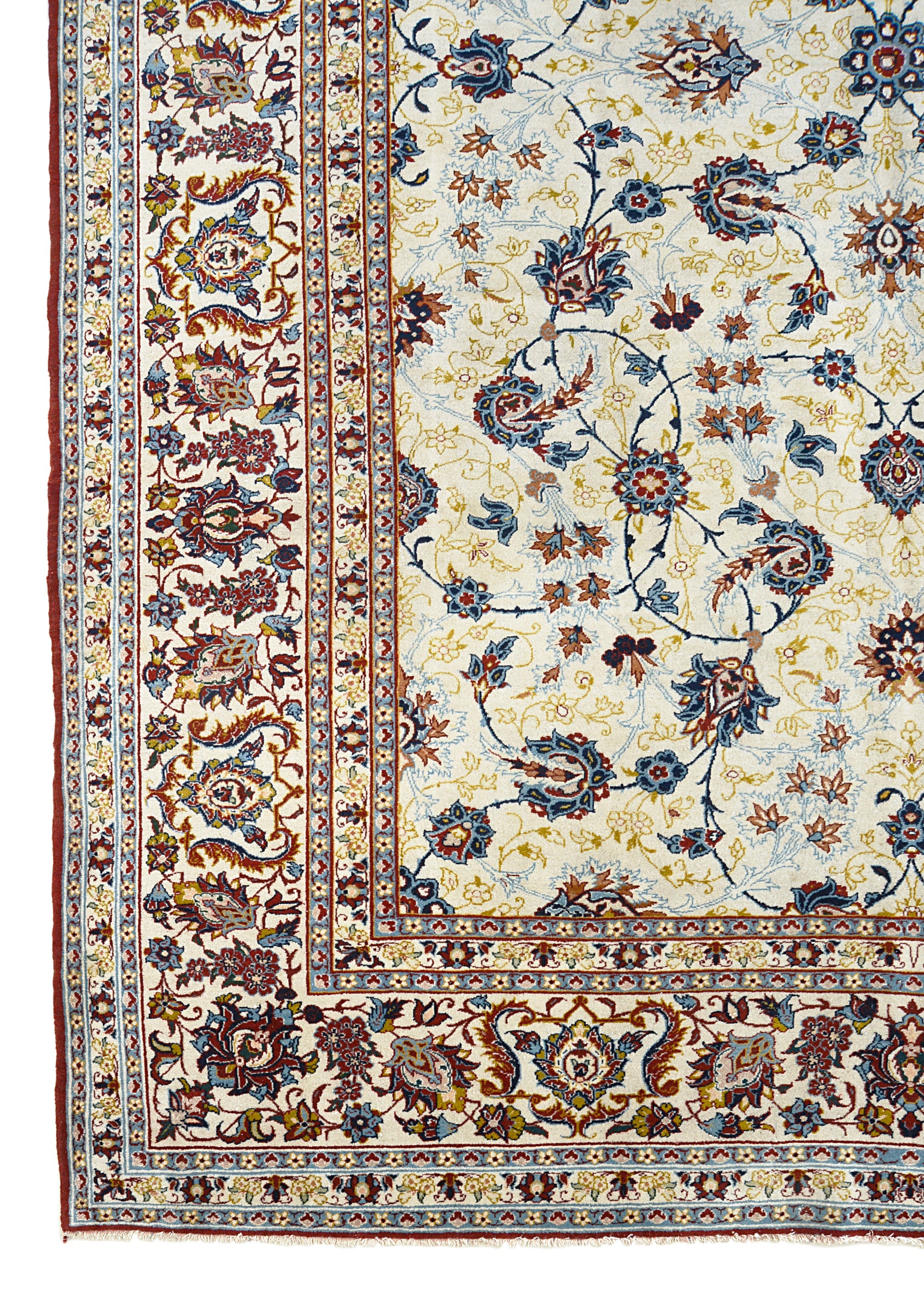 Fine antique Persian Kashan rug corner detail showing hand-knotted wool and intricate floral border
