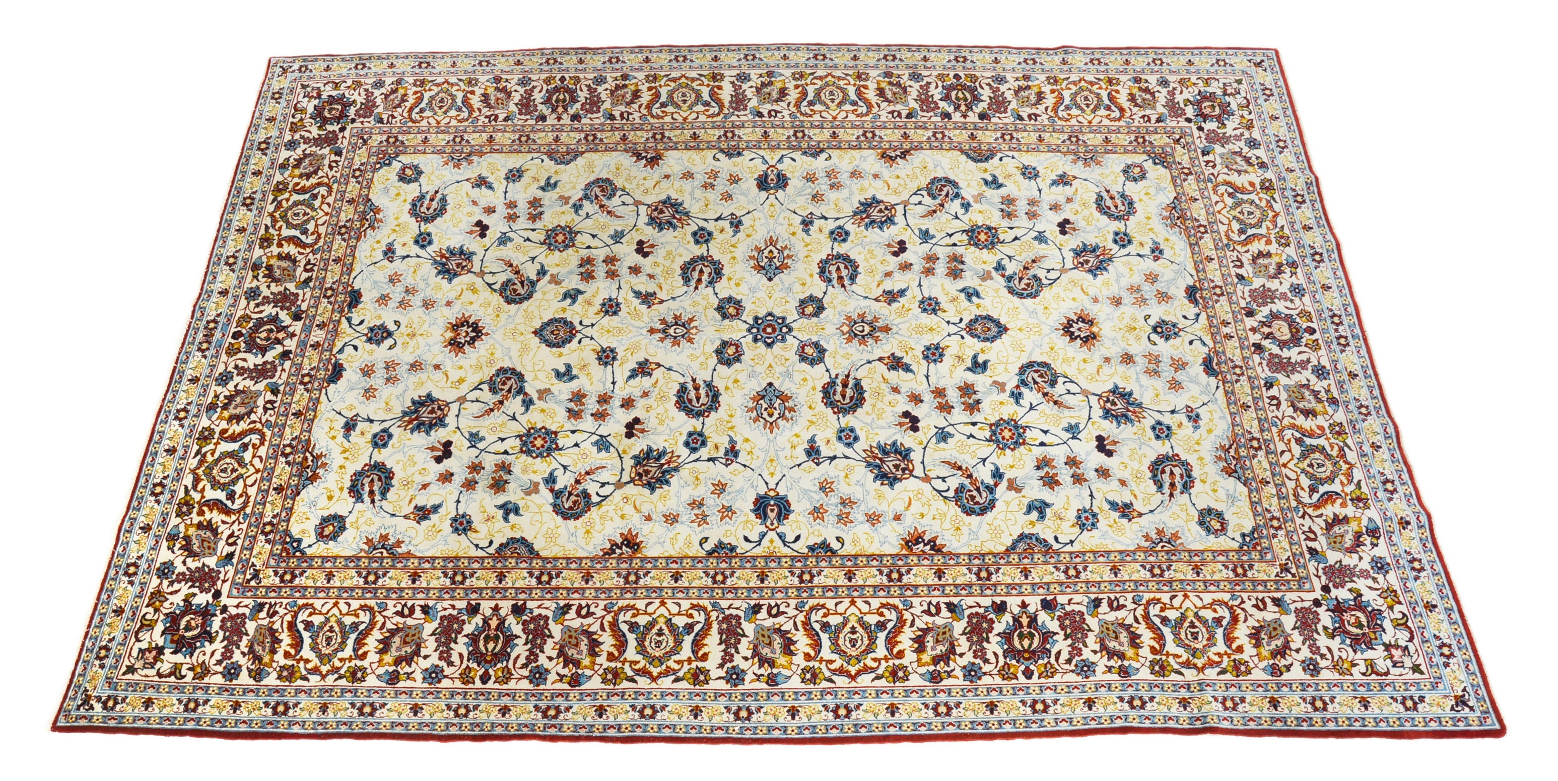 Hand-knotted antique Kashan rug with elegant floral design and soft ivory ground
