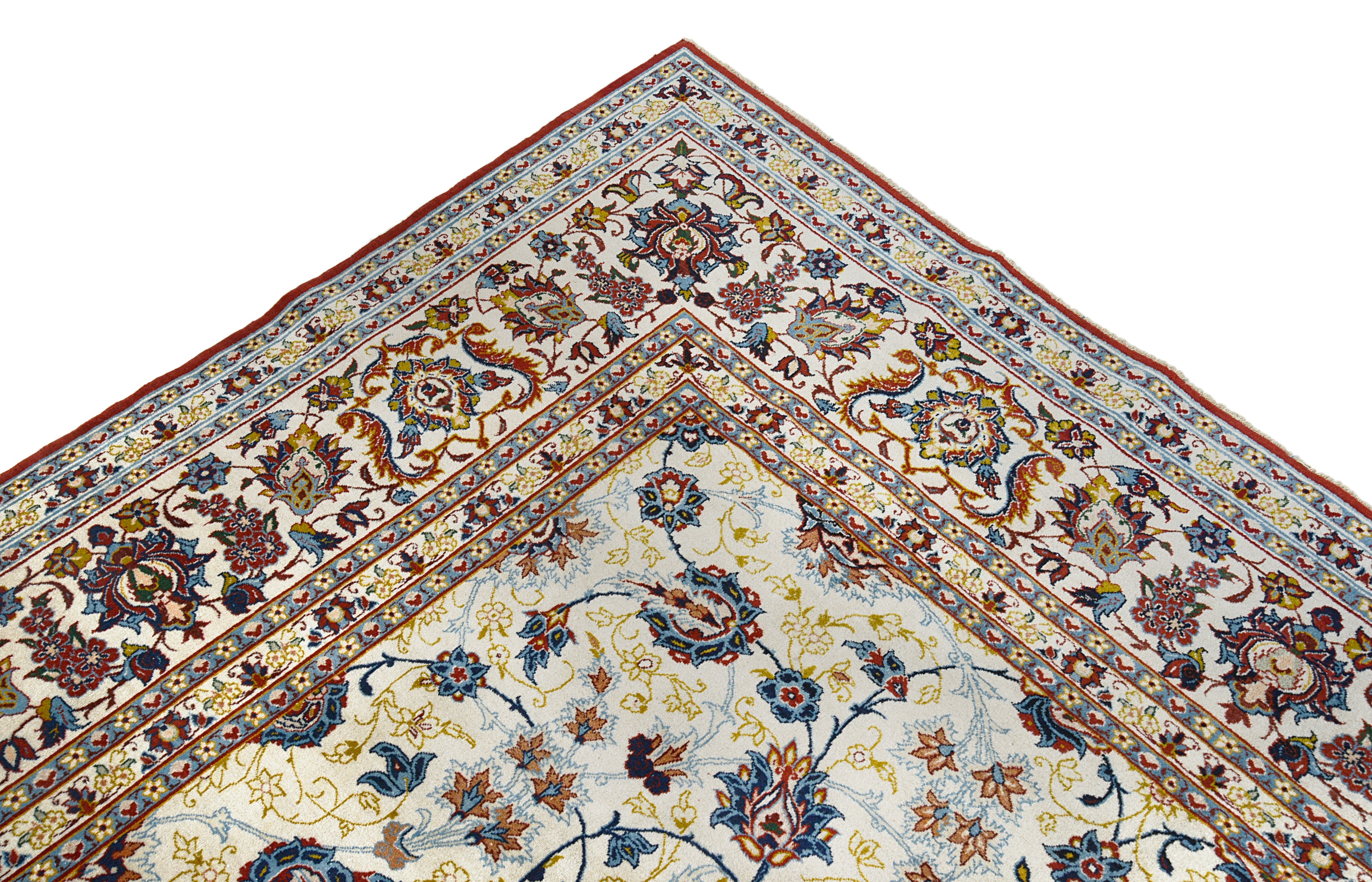 Close-up details of fine antique Persian Kashan rug showing silk warp fringes, wool texture, and aged patina
