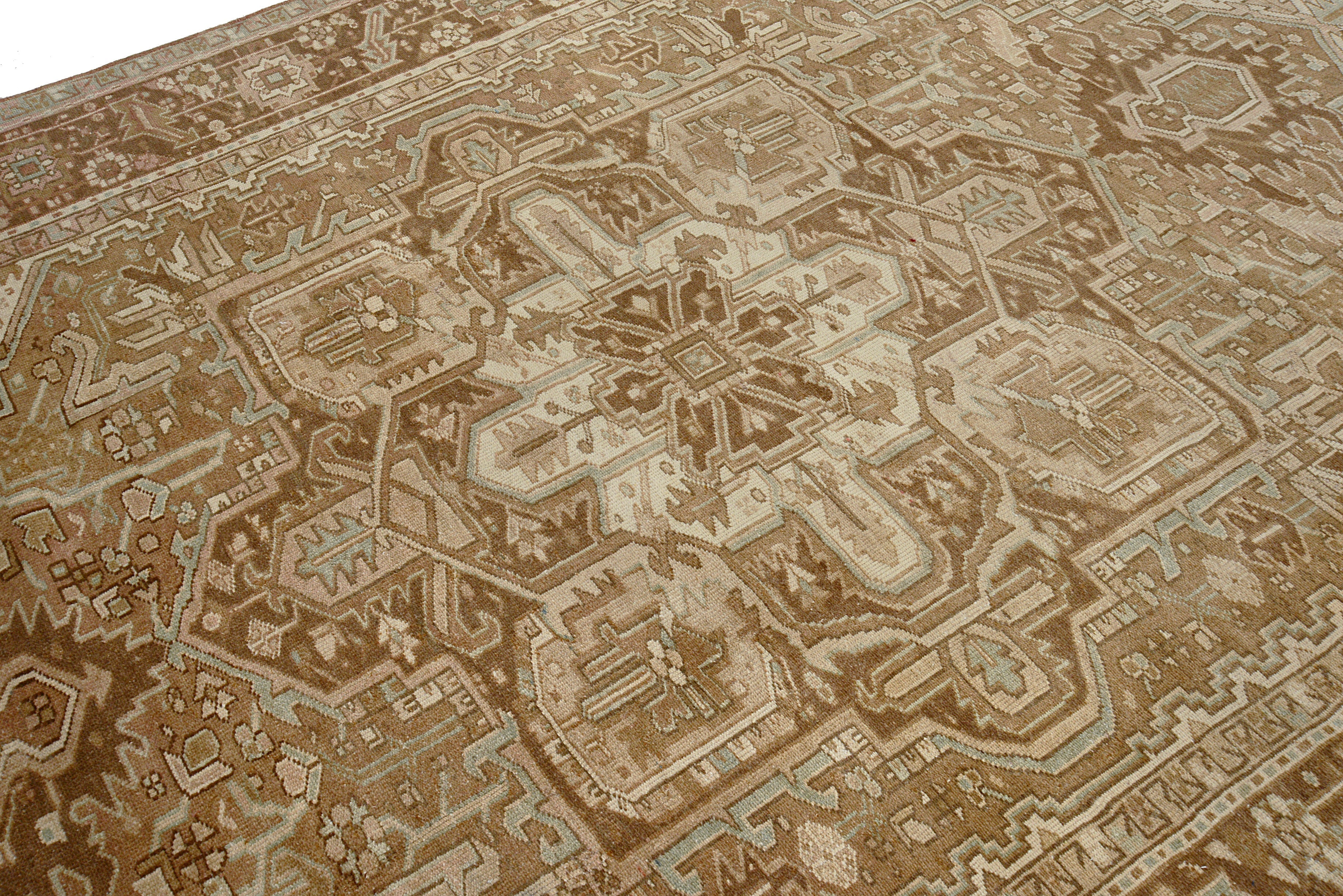 Close-up details of vintage Persian Heriz carpet showing wool texture, motifs, and natural patina
