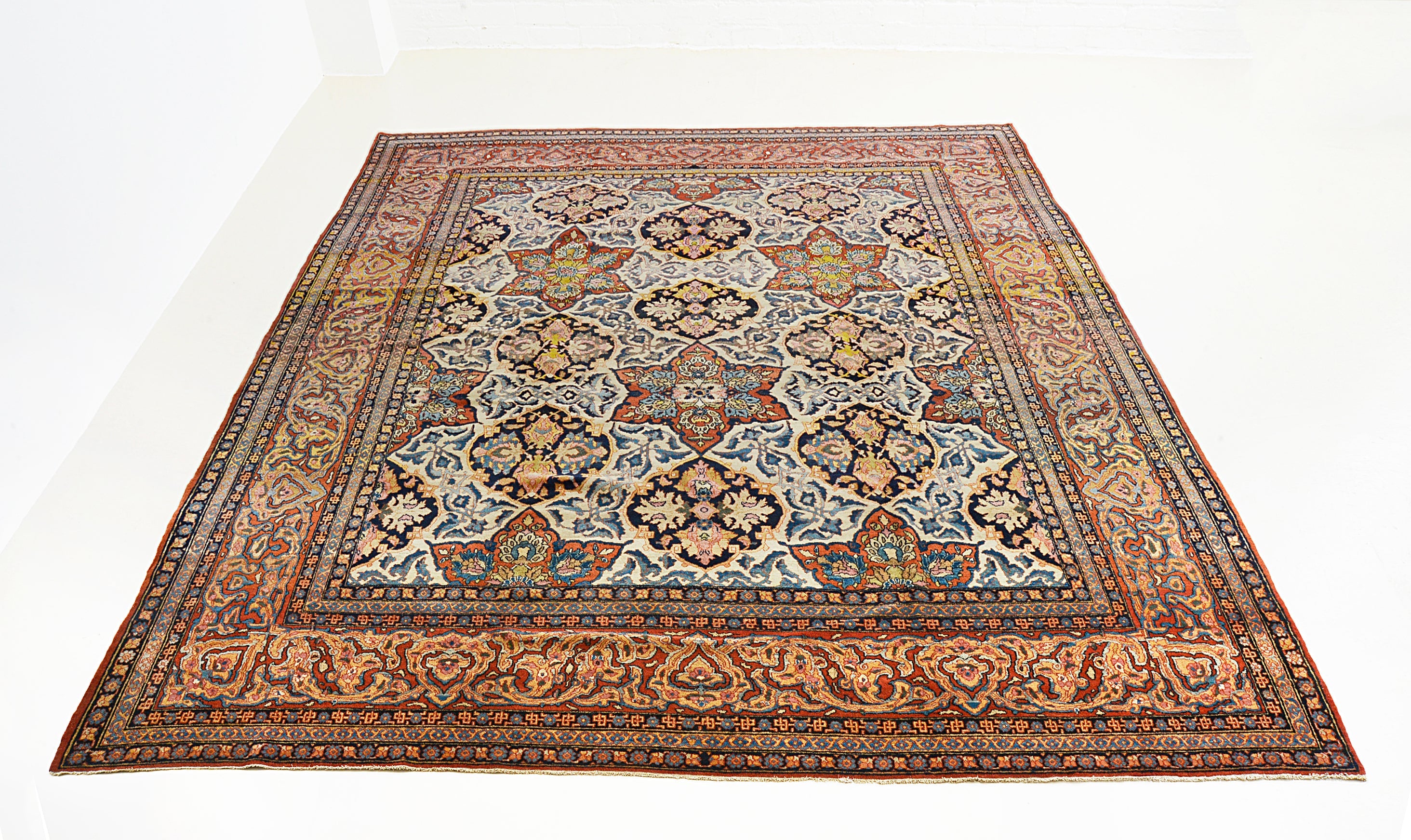 Full view of fine antique Isfahan carpet 330x265 cm handwoven in Iran, circa 1920
